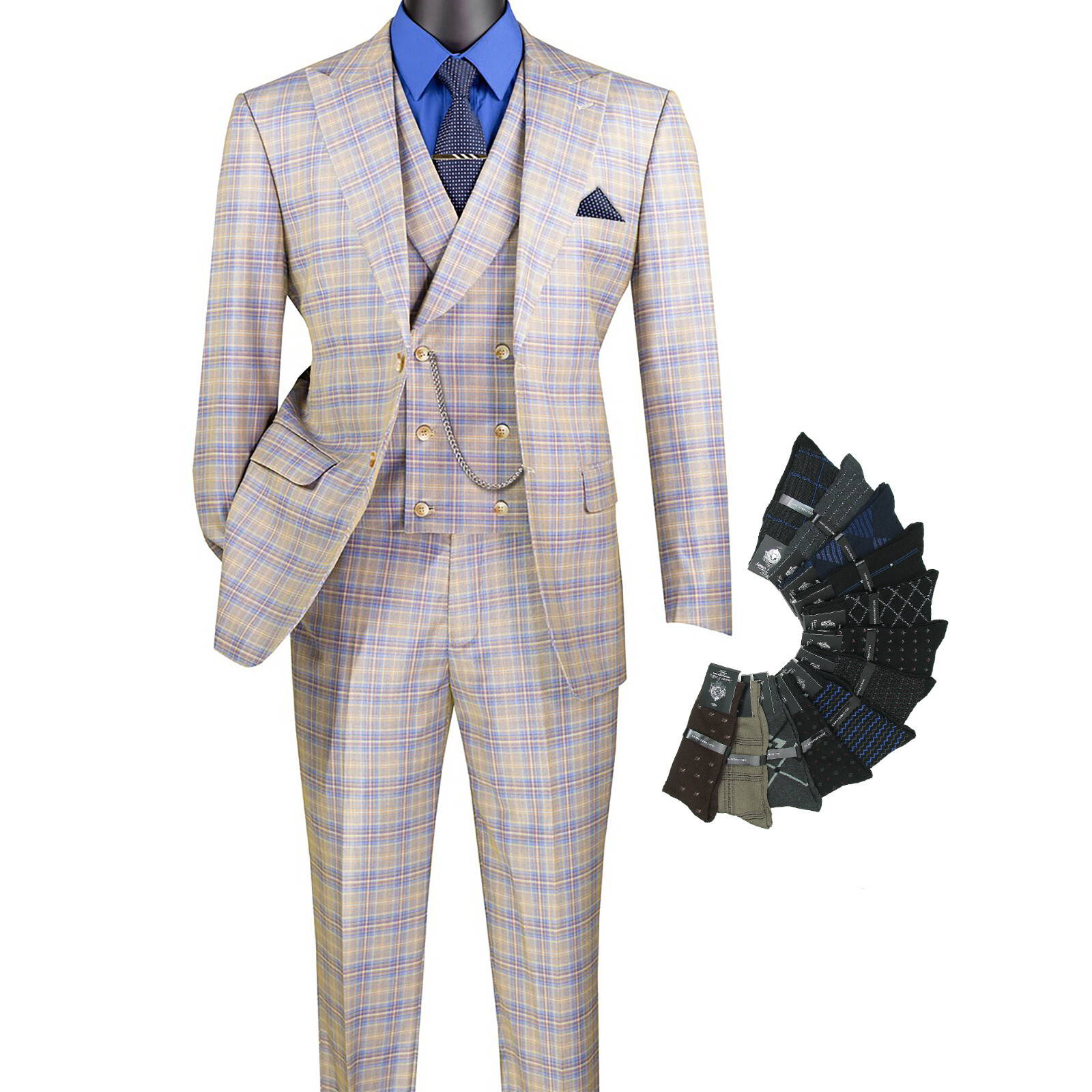 Handsome Men Modern-Fit, 3-pc Windowpane Suit BLUE (Stretch), w/Socks, $359+