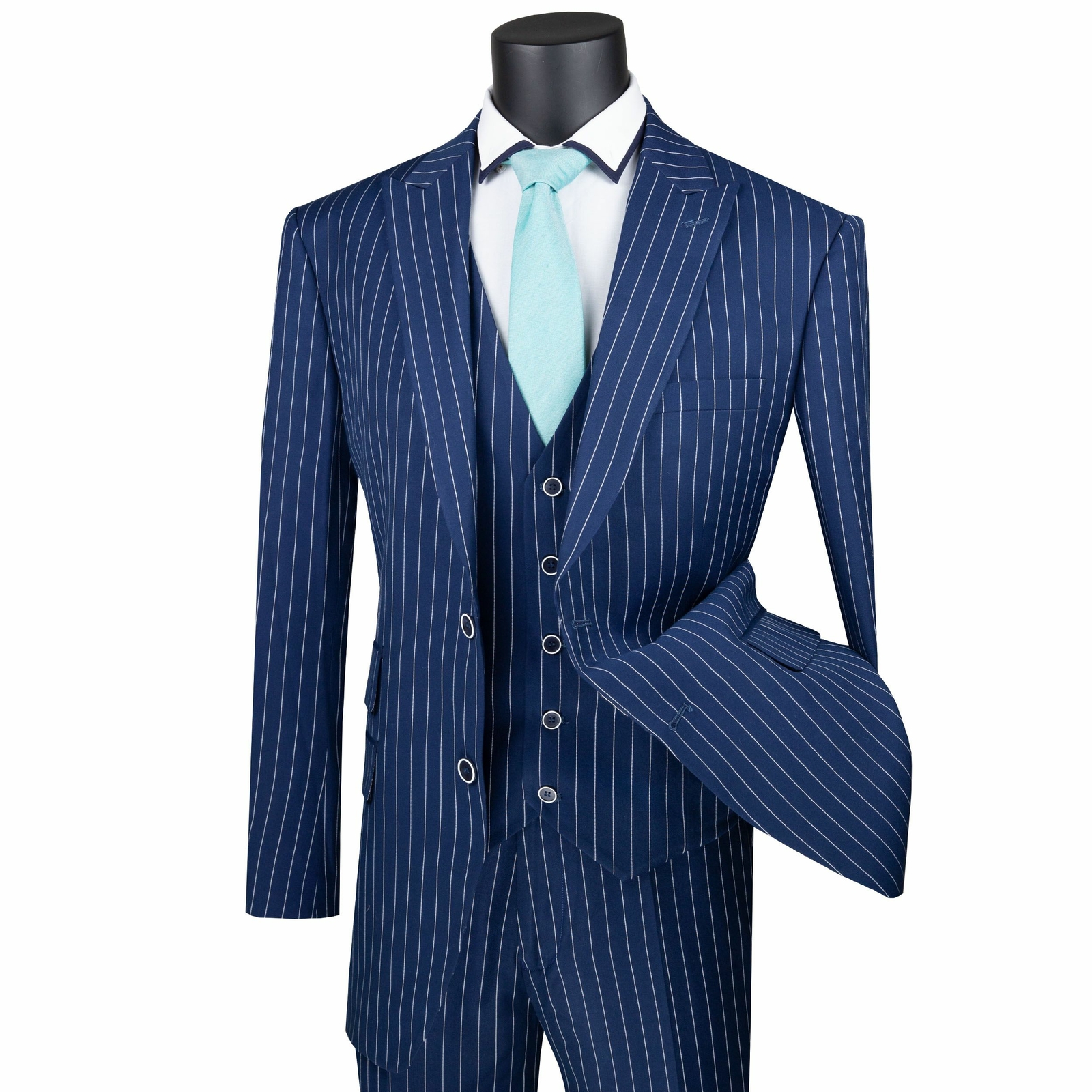 VINCI Men’s Blue Gangster Stripe 3 Piece 2 Button Classic Fit Suit NEW