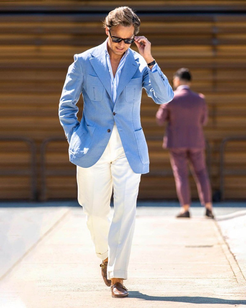 Light Blue Linen Men‘s Blazer Multi-Pocket Summer Casual Wedding Business Jacket