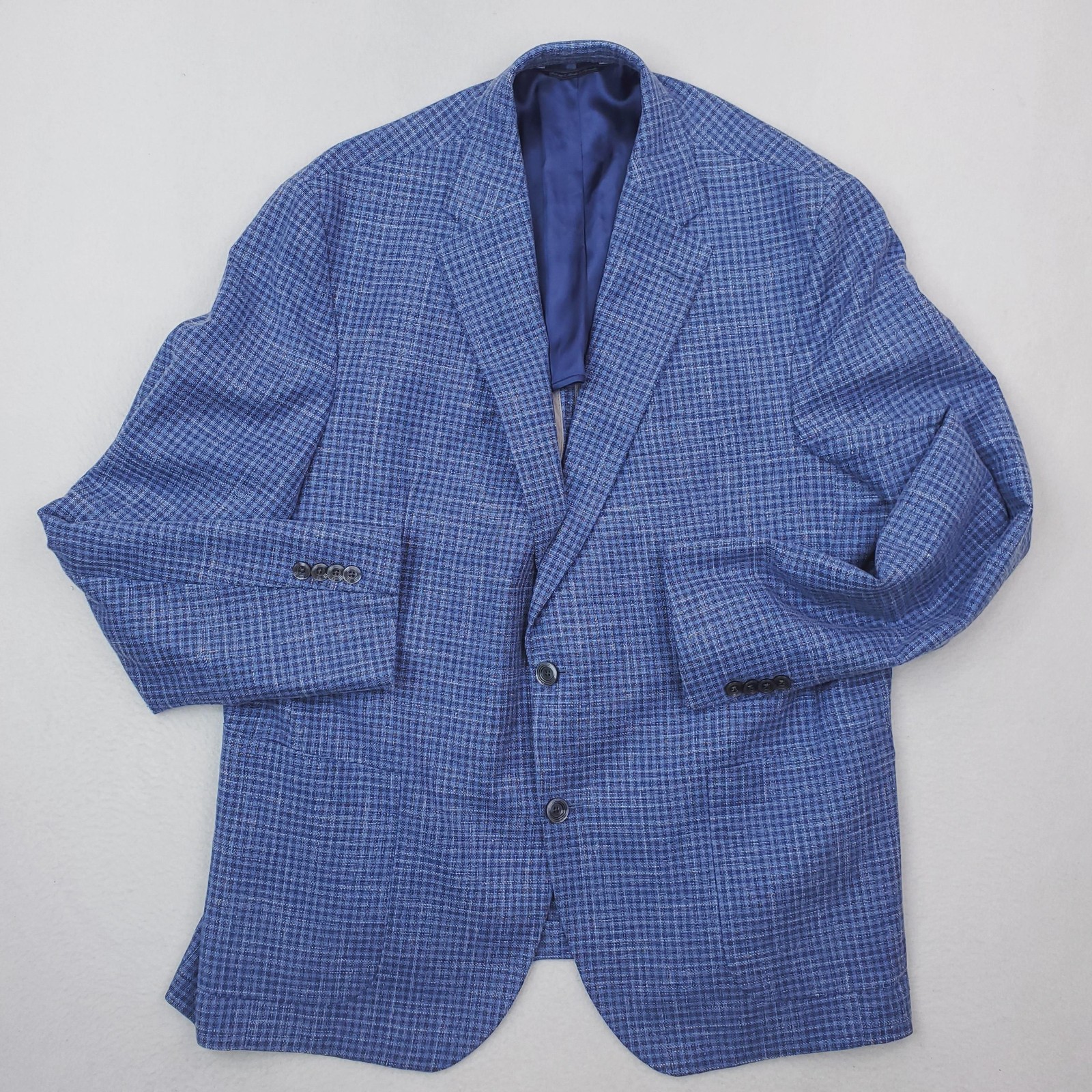 Jack Victor Blazer Mens 46 Blue Check Wool Cotton Linen Sport Coat Unstructured