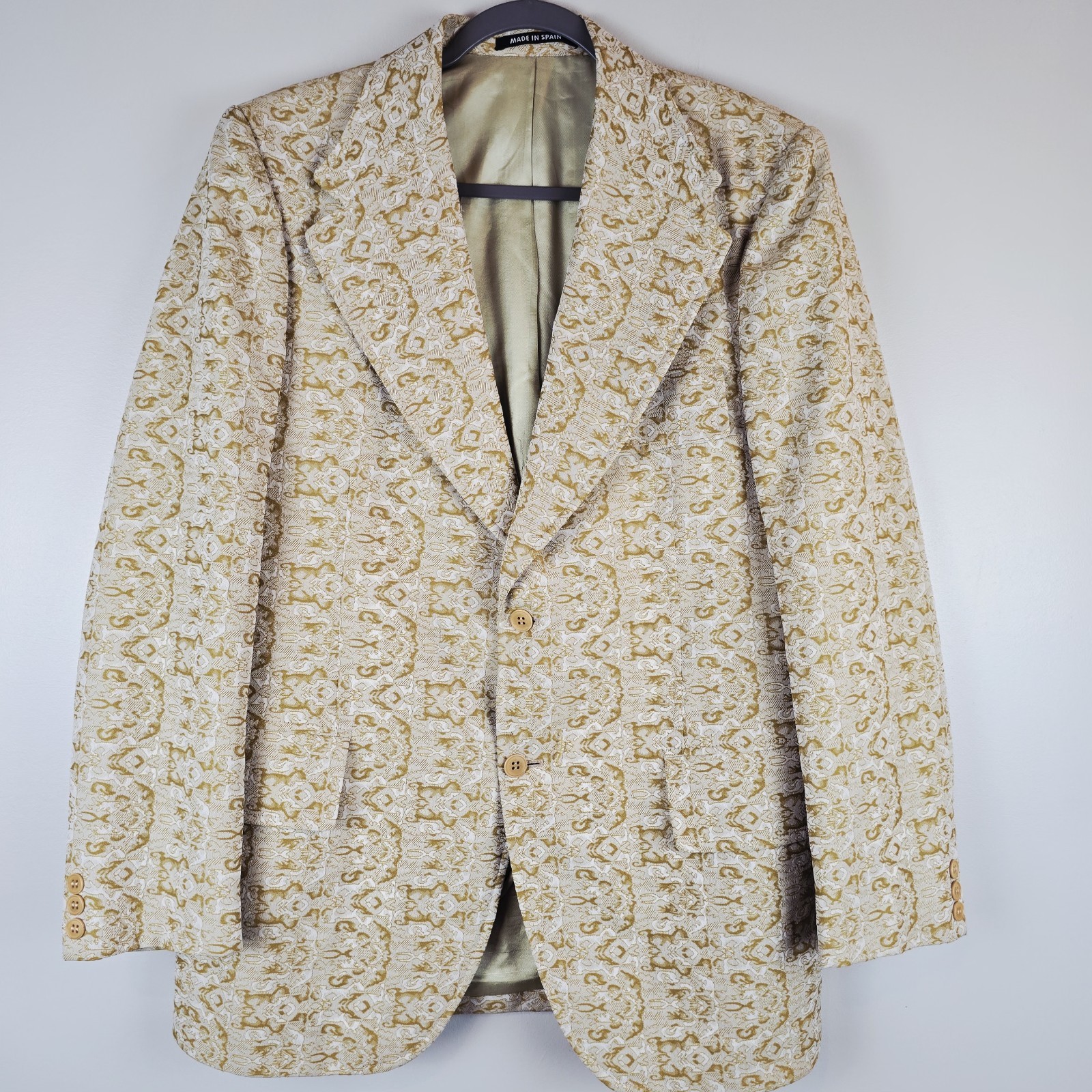 VTG La Santa Maria Sport Coat Mens 42 Beige Brown Geometric Hipster 70s Spain.