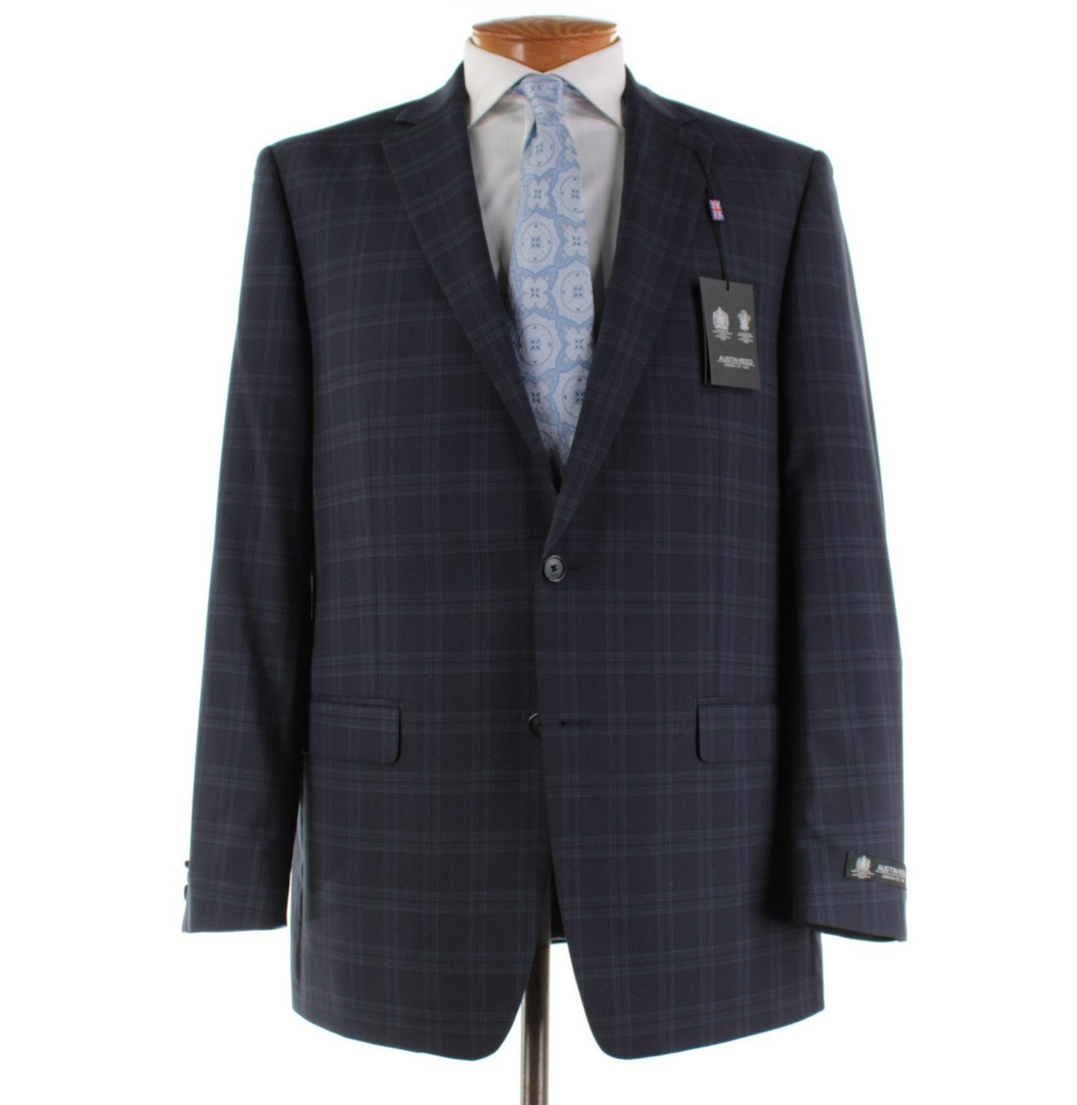 Austin Reed NWD 100% Wool Two Piece Suit Size 44L US In Blue Plaid