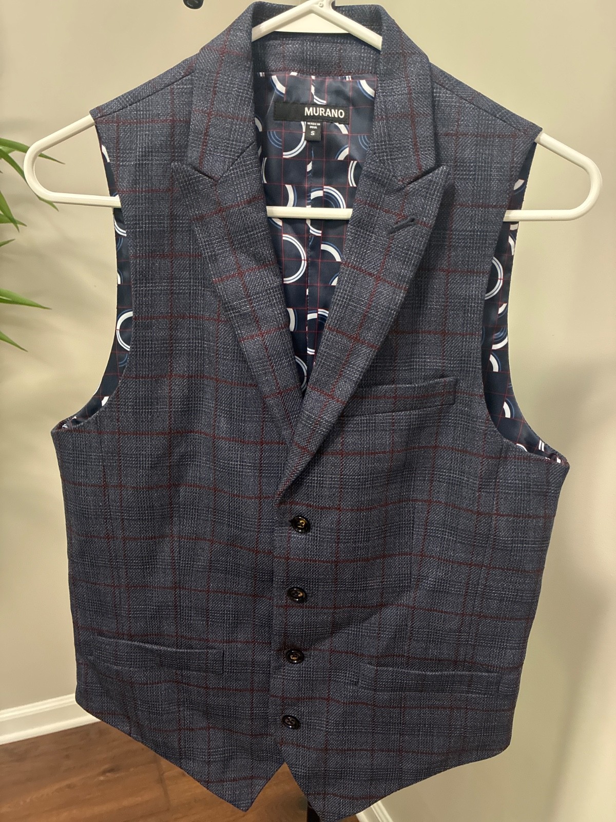 Murano Mens Navy Blue and Red Plaid Small Vest/ Mixed Cloth Vest