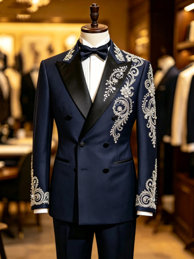 Navy Business Men’s Suits Double Breasted 2Pcs Gold Appliques Peak Lapel Coat