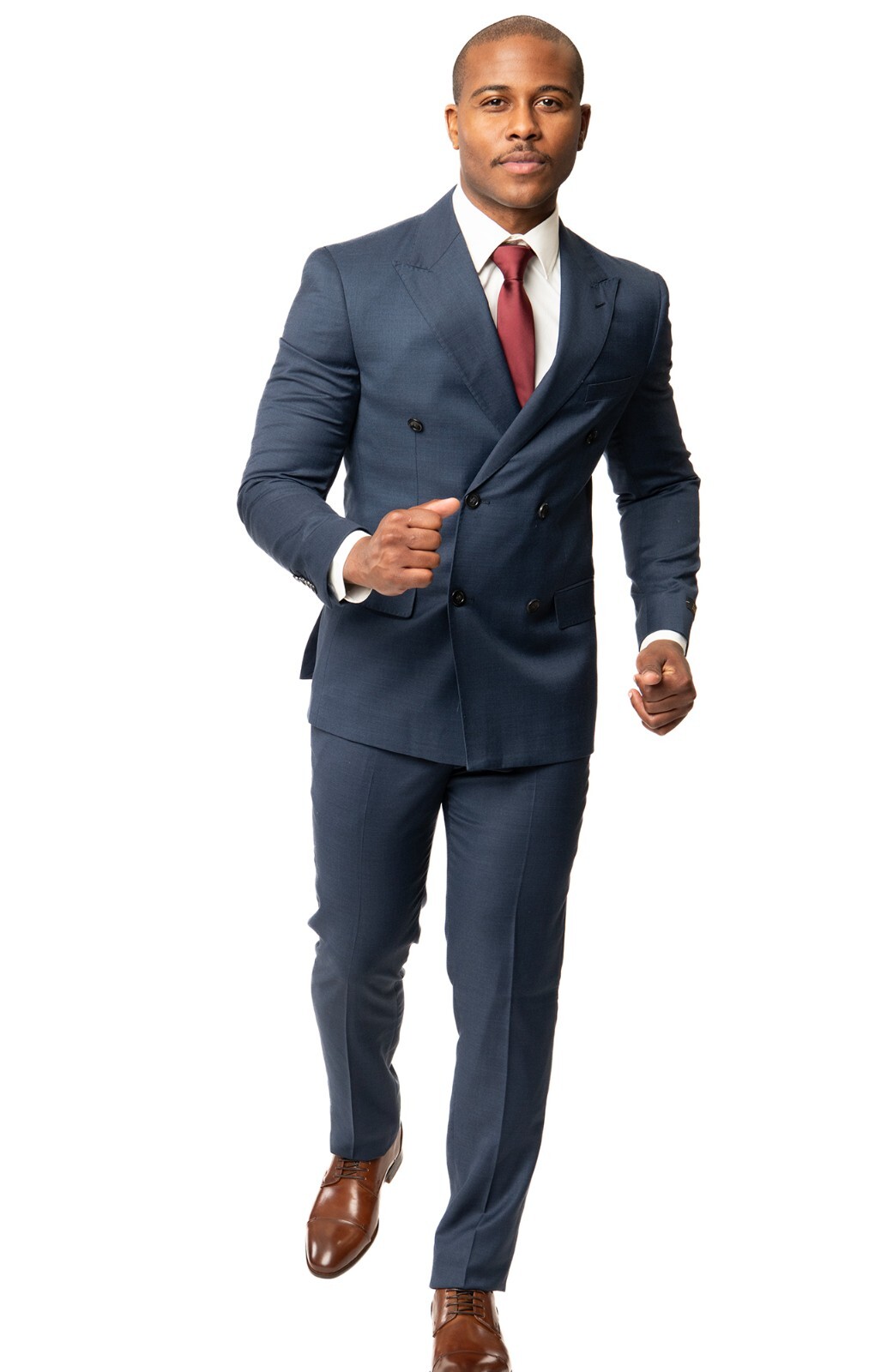 Slim Fit Double Breasted Solid Navy Blue Mens Suit 2 Button Peak Lapel AZAR MAN