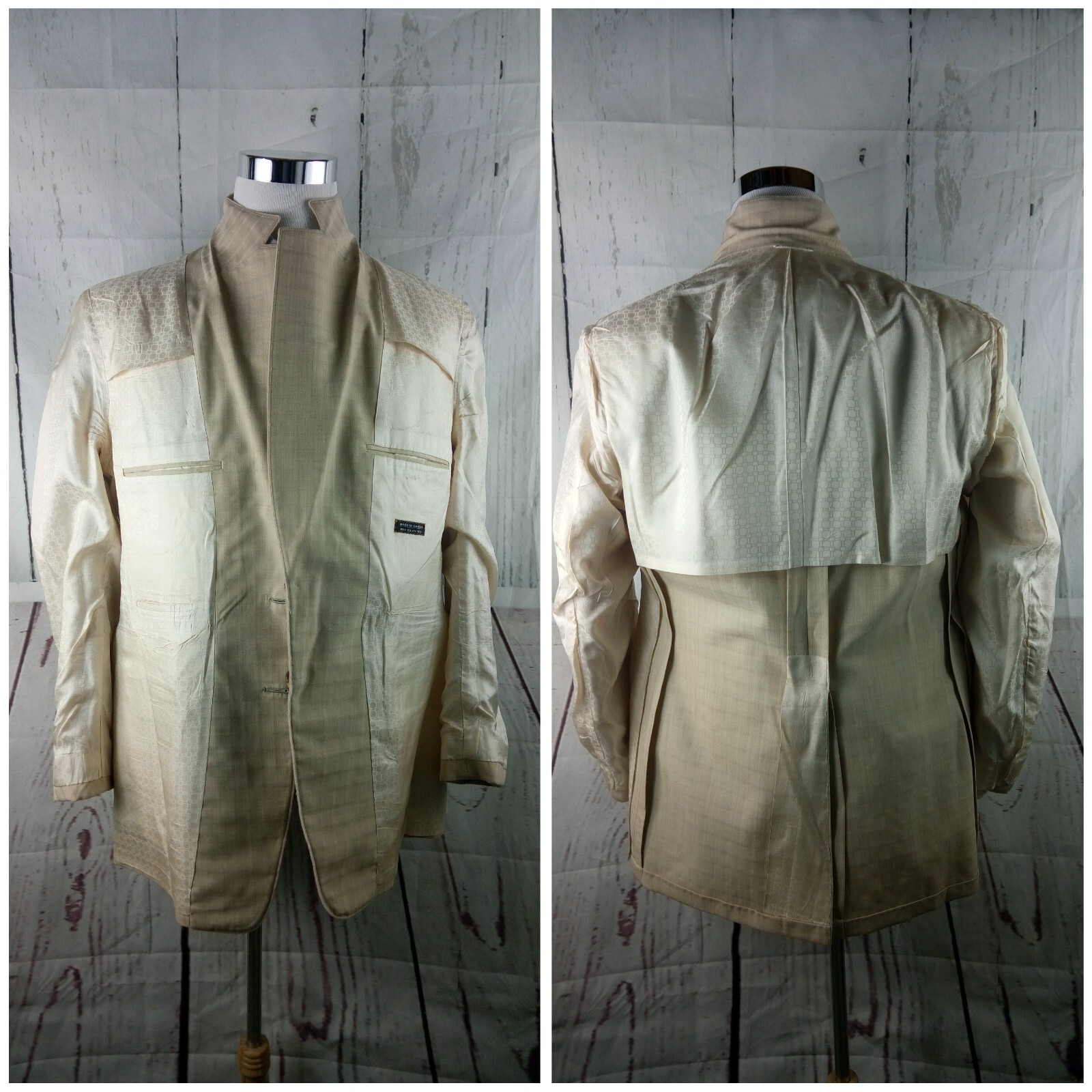 Custom Made 46L 2 Button Beige Stitched Lapel Plaid Suit Blazer Jacket