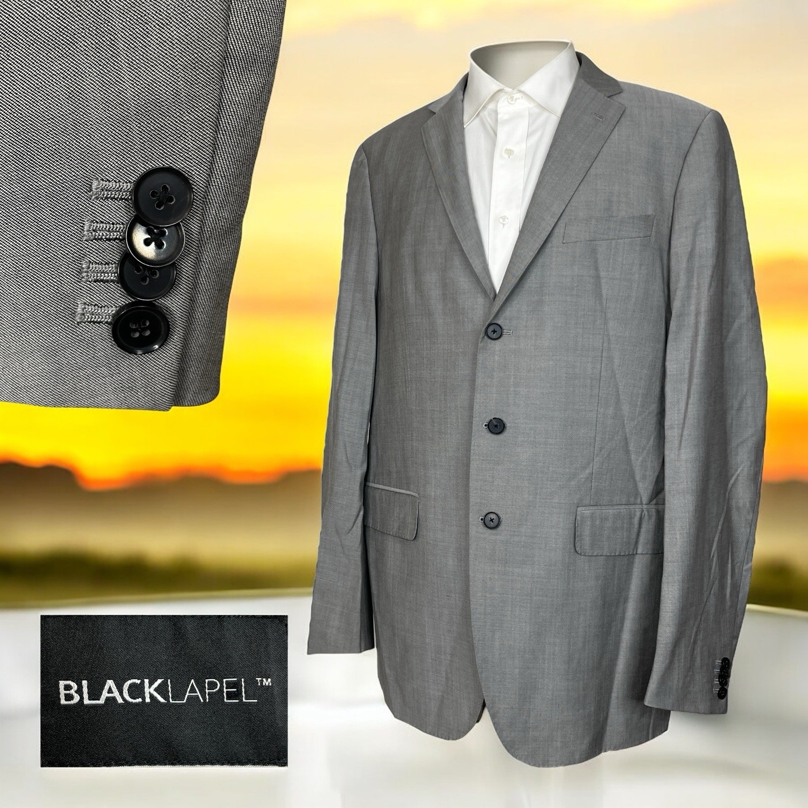 Black Lapel Sport Coat Mens 44XL Light Gray Solid Double Vented Three Buttons