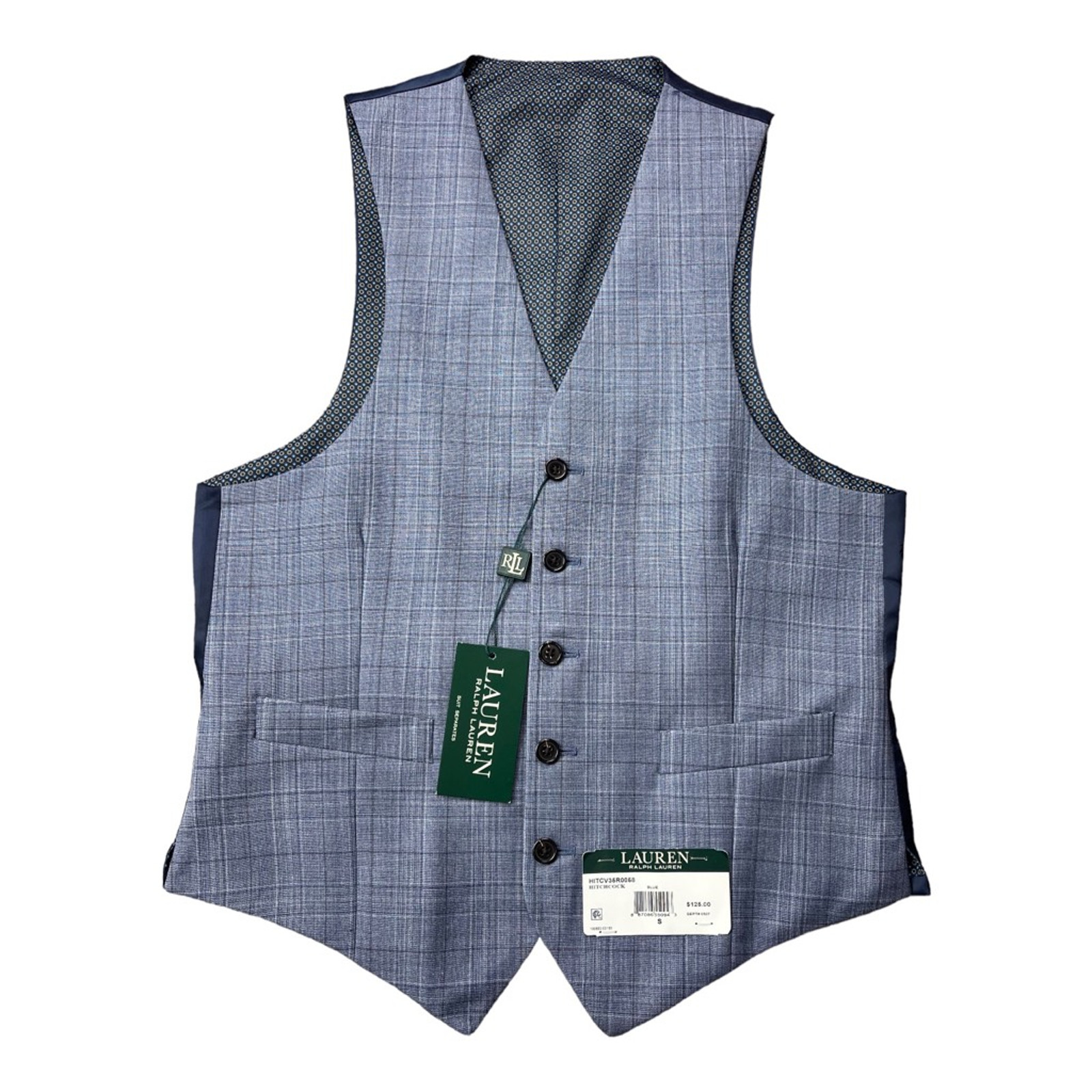 Lauren Ralph Lauren Men Hitchcock Suit Vest Blue Plaid 5 Button Wool Blend S New
