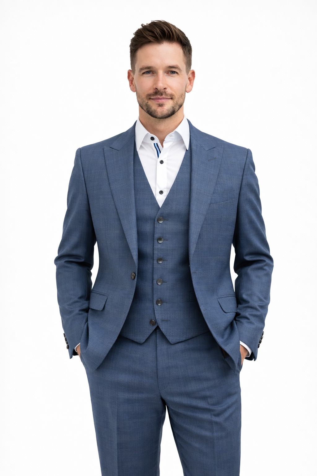 Blue Check 2 Piece Suit Wool Jacket Waistcoat Trouser Wedding Groom Lightweight
