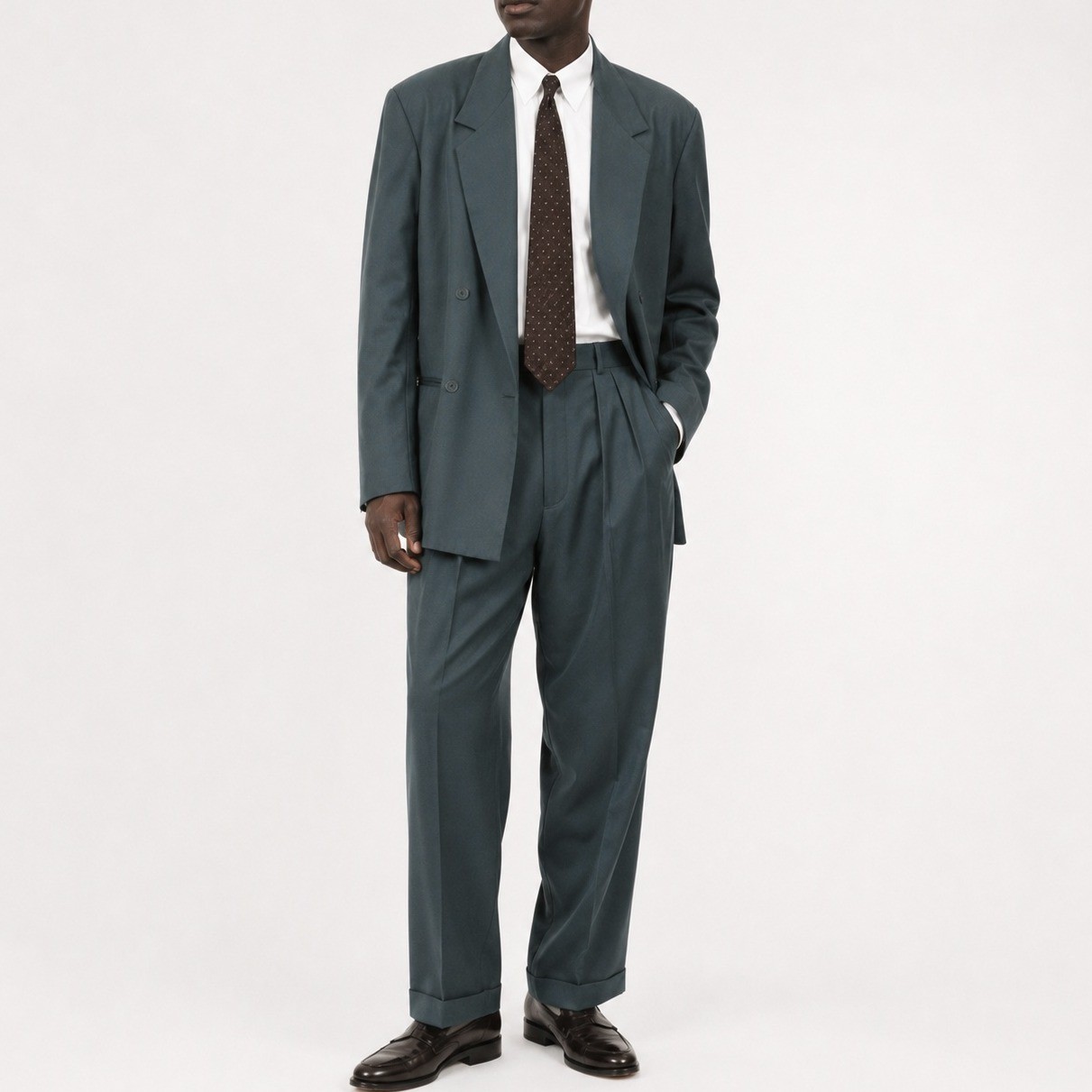 90s Vintage Double Breasted Suit Men 42R Cotton Sateen Teal Green Pleated Pants