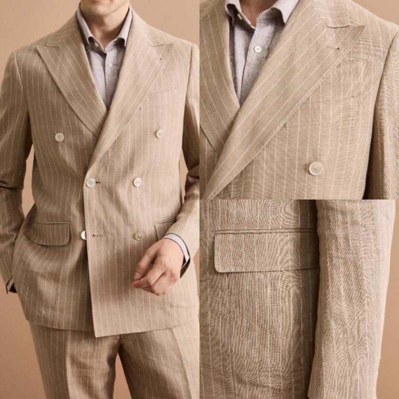 Fashion New Striped Suit for Men Peak Lapel Double Breasted Business Jacket Pant