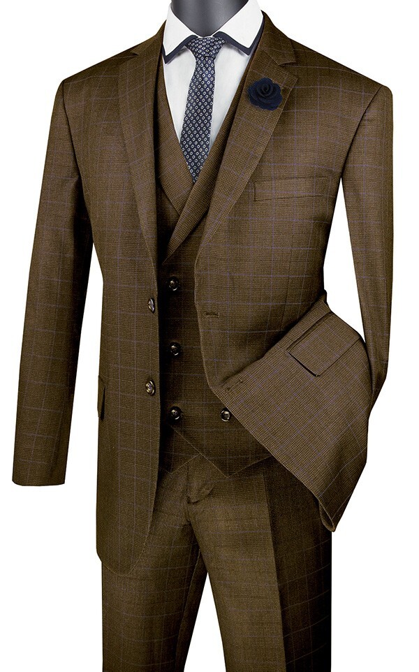 Taupe Vinci Men Regular Fit Glen Plaid 2 Button 3 Piece Suit NEW
