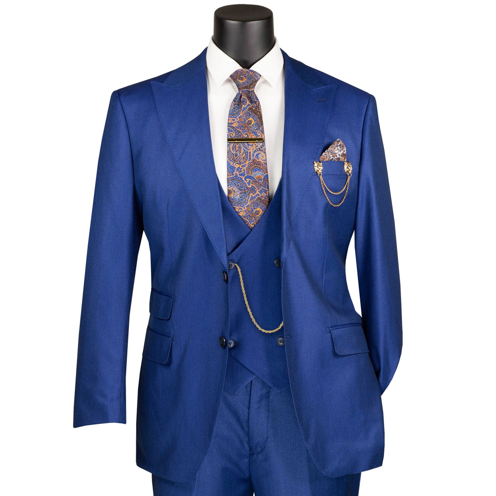 VINCI Men’s Blue Sharkskin 3 Piece Regular Fit Suit w/ Flex Waist – NEW
