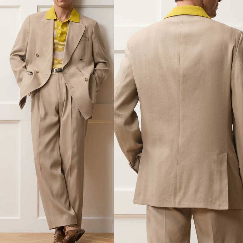 New Summer Men’s Double Breasted Suits Classic Fit Jacket Pleated Front Pants