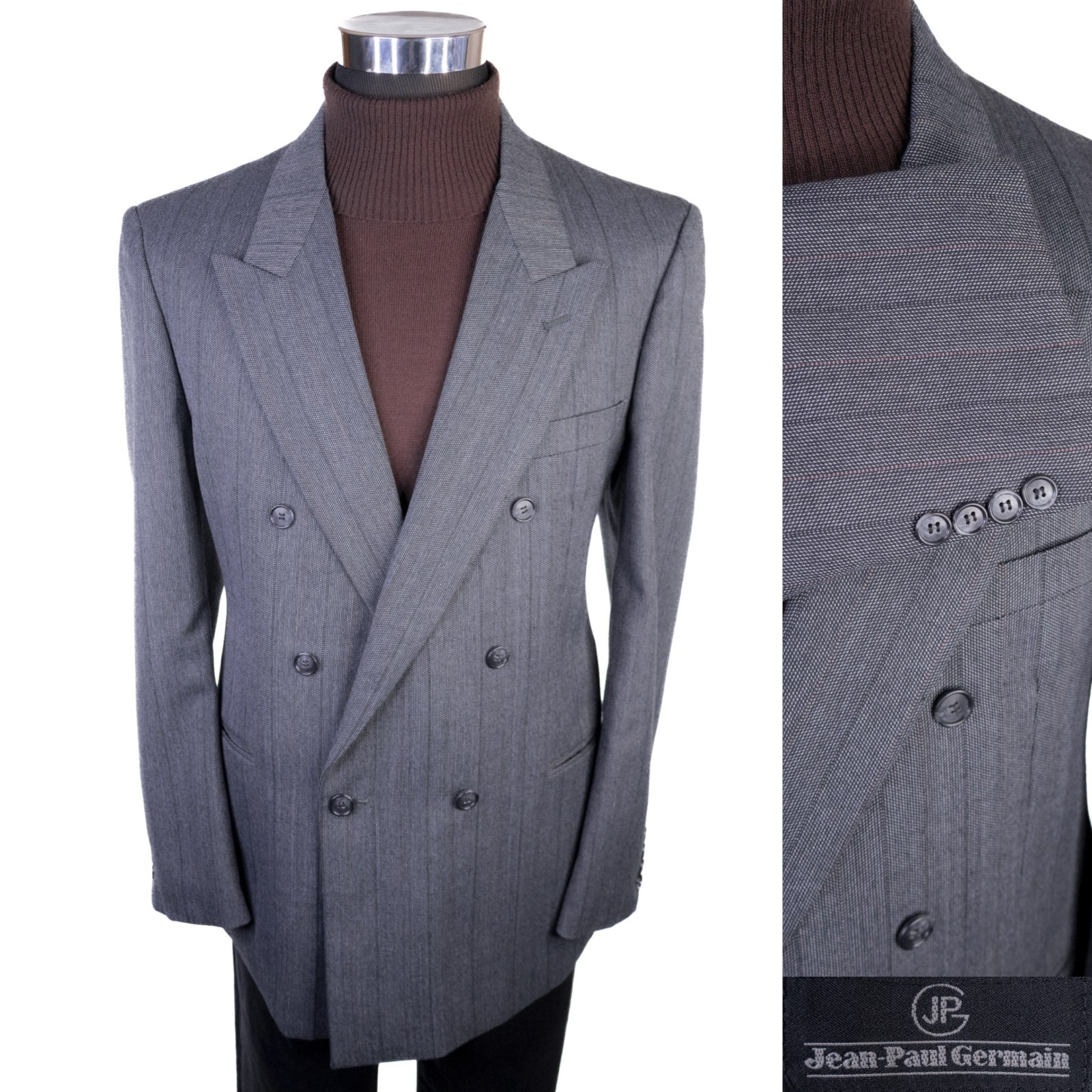 VTG Jean Paul Germain 44R Brown Stripe Wool Blend Double Breasted Suit Jacket