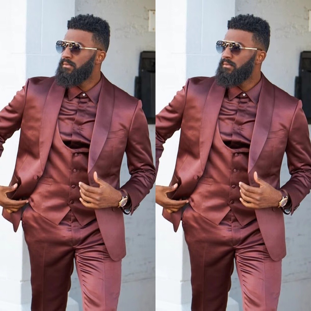 Burgundy Satin 3Pc Men Suit Shawl Lapel Wedding Groom Custom Formal Tuxedo