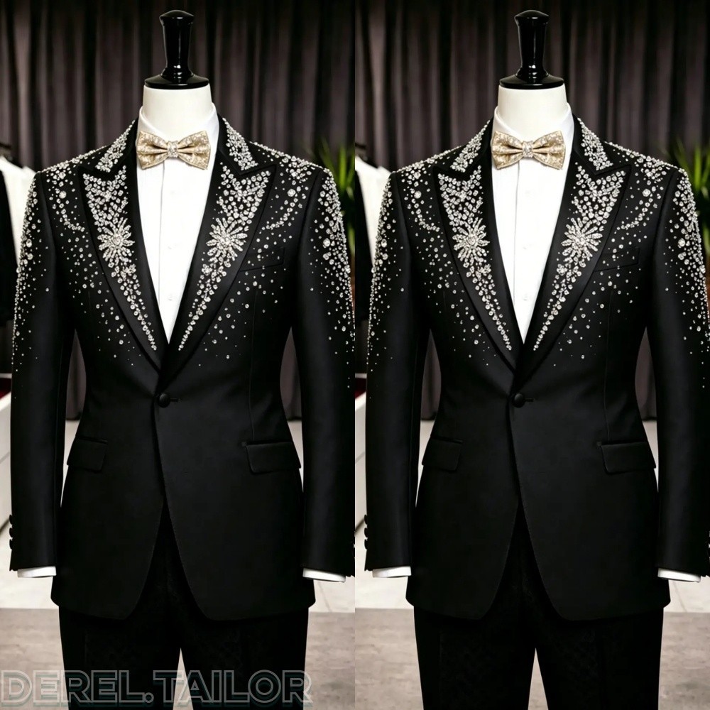Men Black Suit Sparkly Rhinestone 2 Pcs Peak Lapel Formal Wedding Groom Set