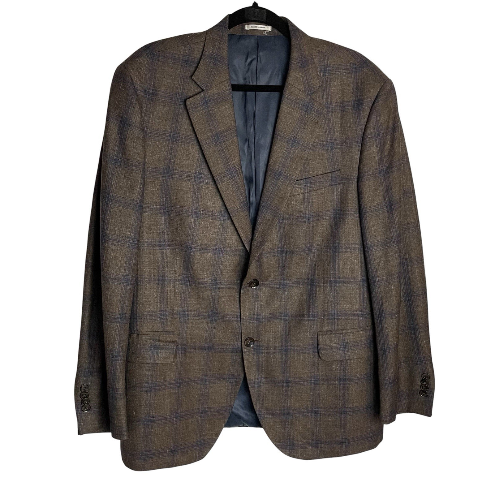 Peter Millar Flynn Wool Silk Linen Blazer Sport Coat Size 44R Blue Brown Plaid