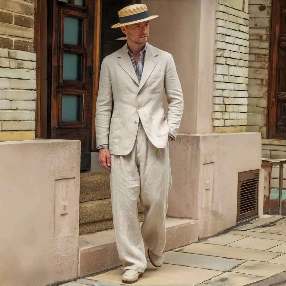Mens Linen Suit 2 Pieces Classic Fit Casual Blazer Straight Leg Pants Breathable