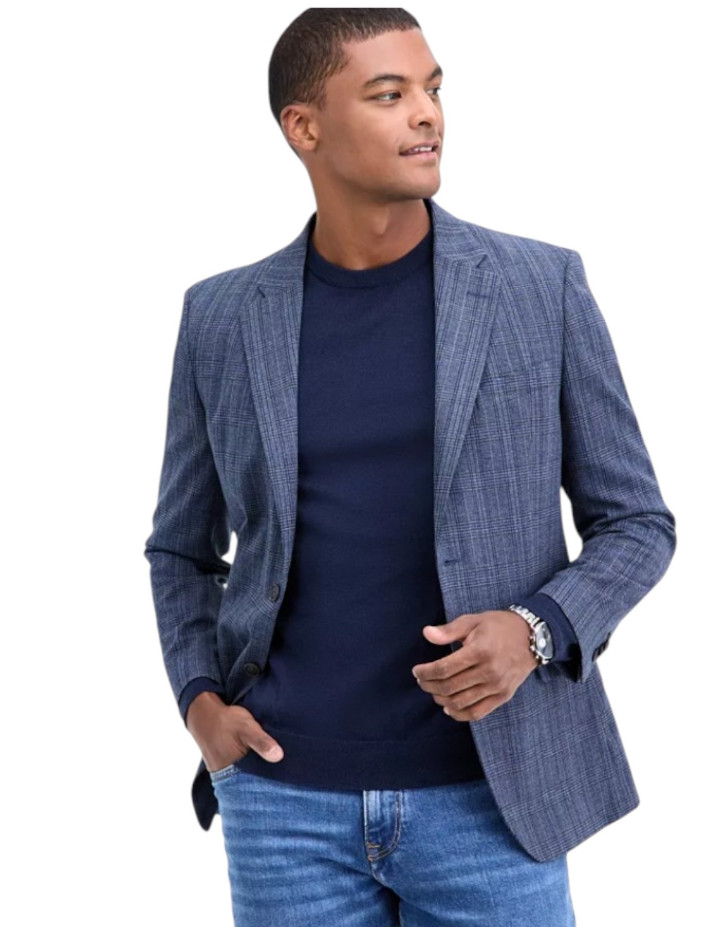 Nautica Mens Modern fit Sport Coat Blazer 44 L Navy Blue Plaid Stretch