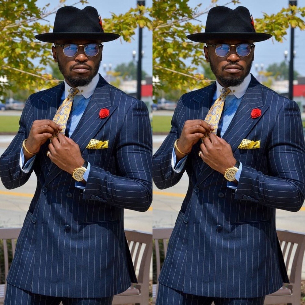 Navy Pinstripe Double Breasted Men Suit 2Pcs Wedding Custom Formal Tuxedo