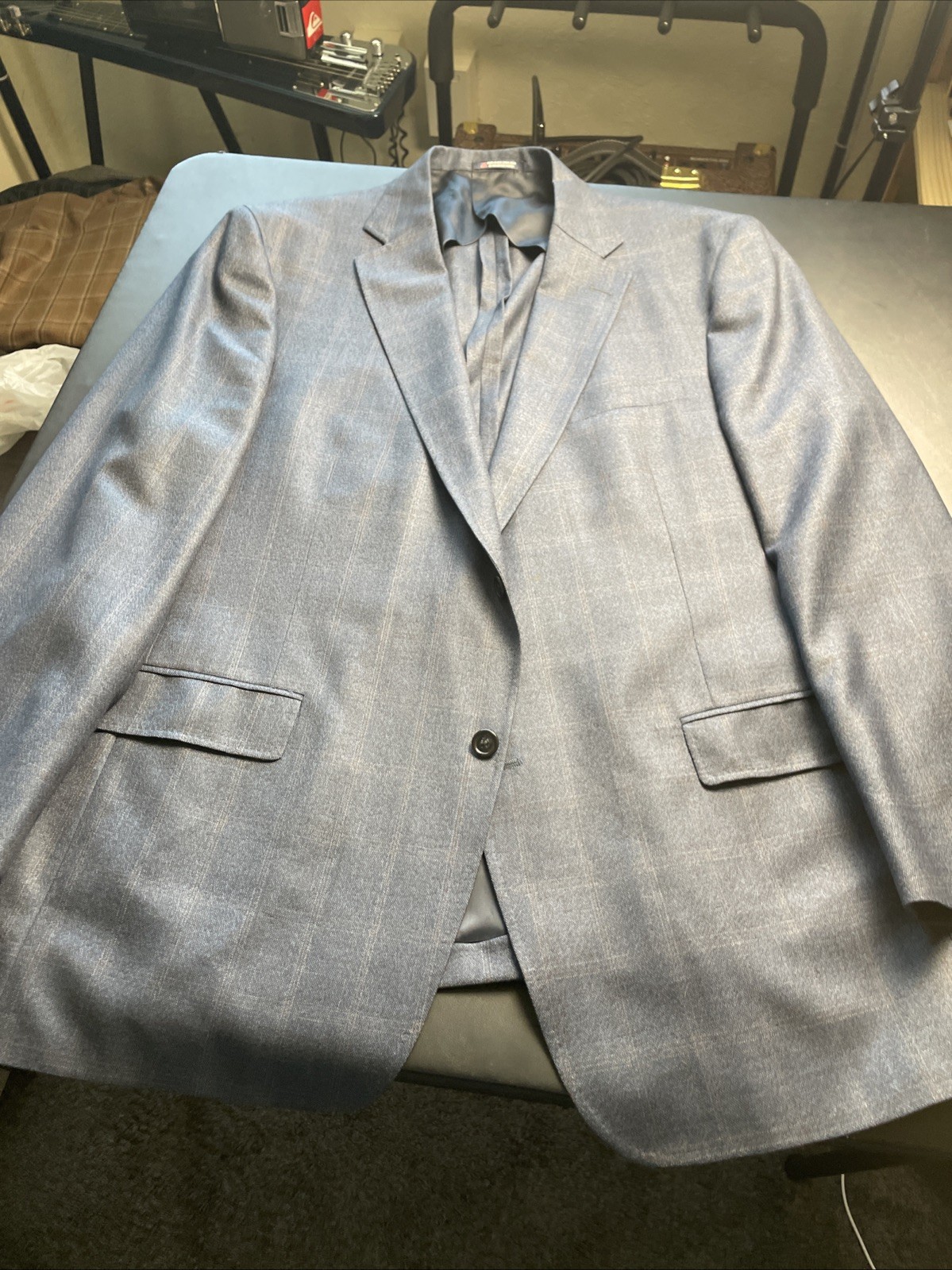Hart Schaffner Marx 48R Slate Blue Plaid Dillards Blazer Unsctructure Made In US