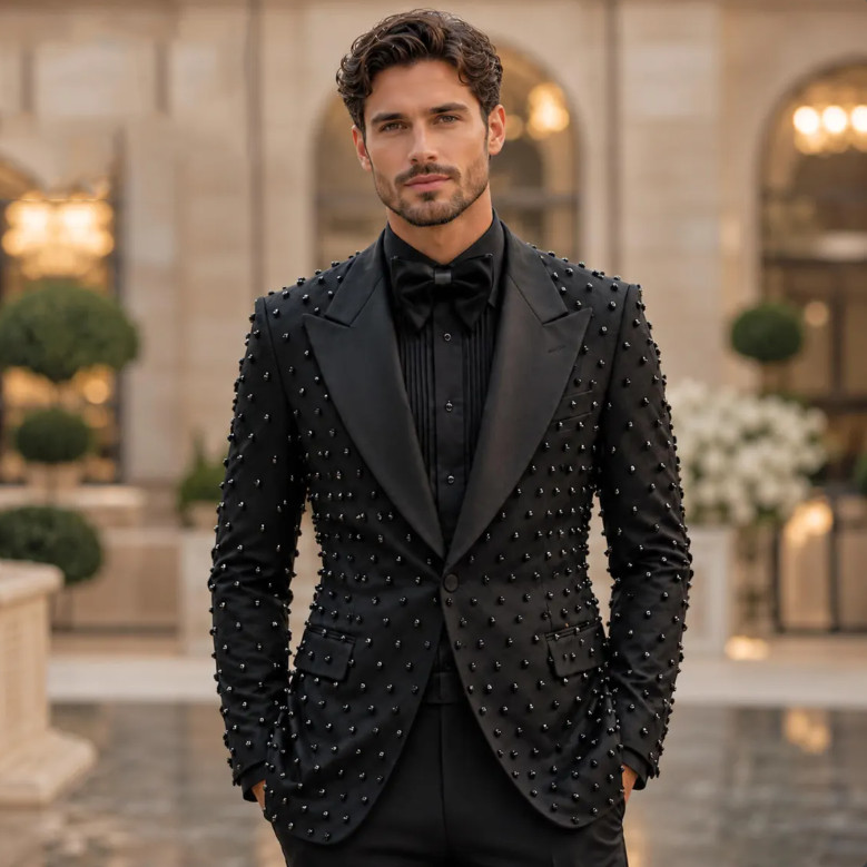 Black Beaded Pearl Men’s Suits Peak Lapel Jacket Formal Dinner Party Prom Coat