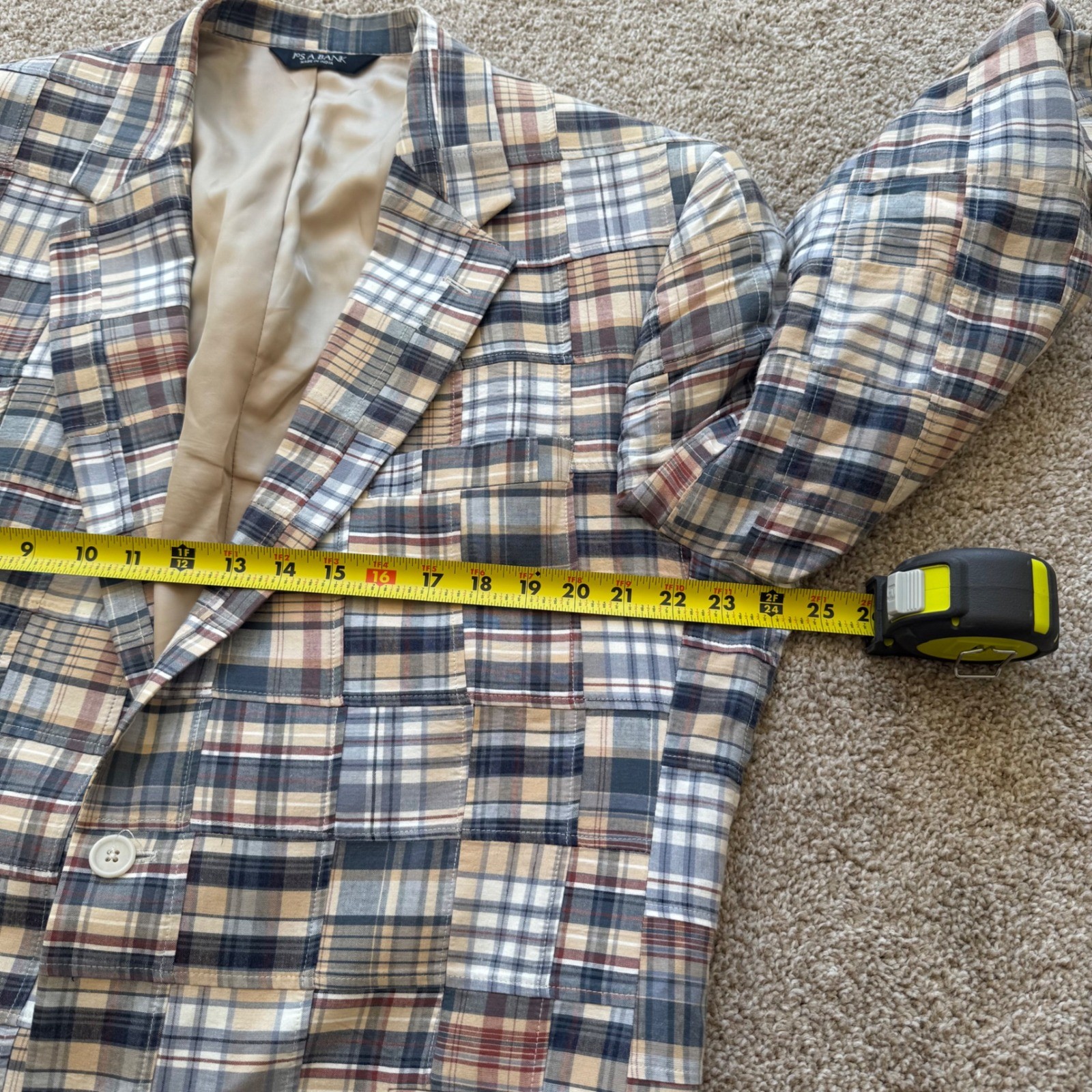 Jos A Bank Sport Coat Mens 46L Multicolor Patchwork Plaid Cotton Blazer