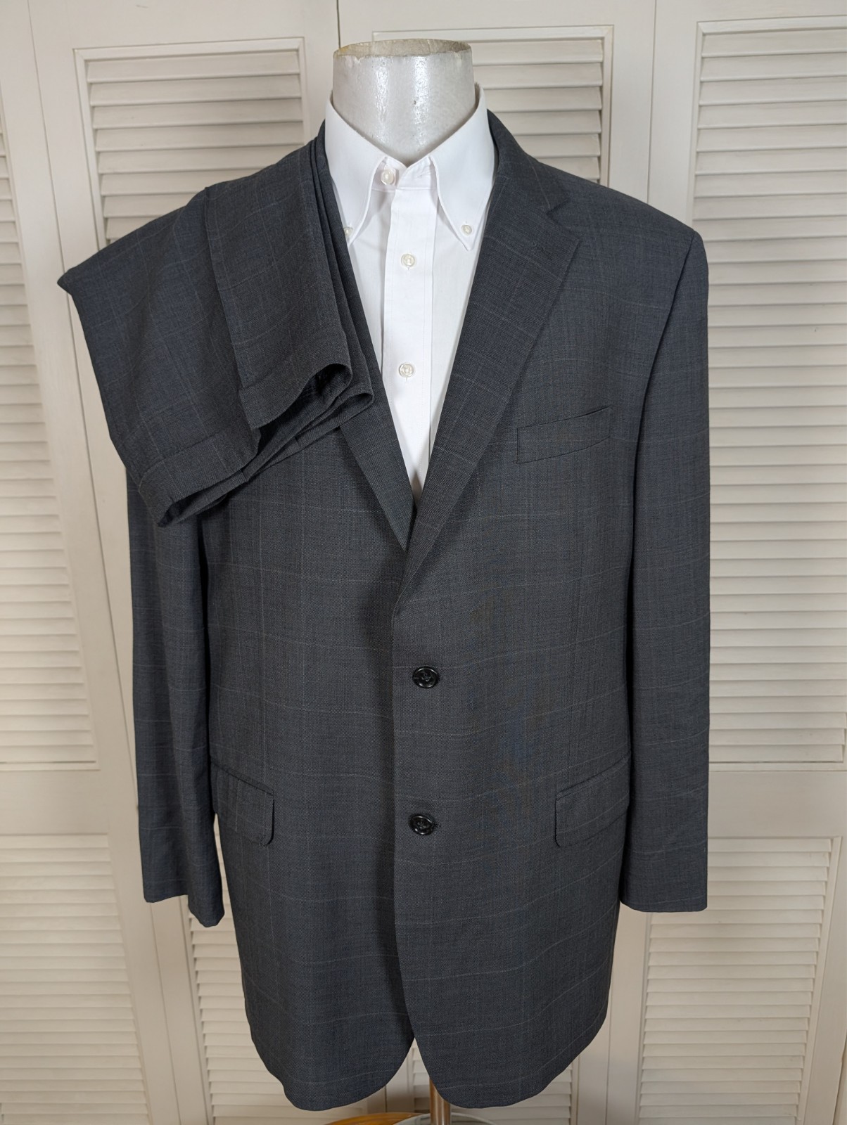 Jones New York JNY 2 Piece Suit Mens 46L 40×31 Gray Windowpane Check Wool Grid
