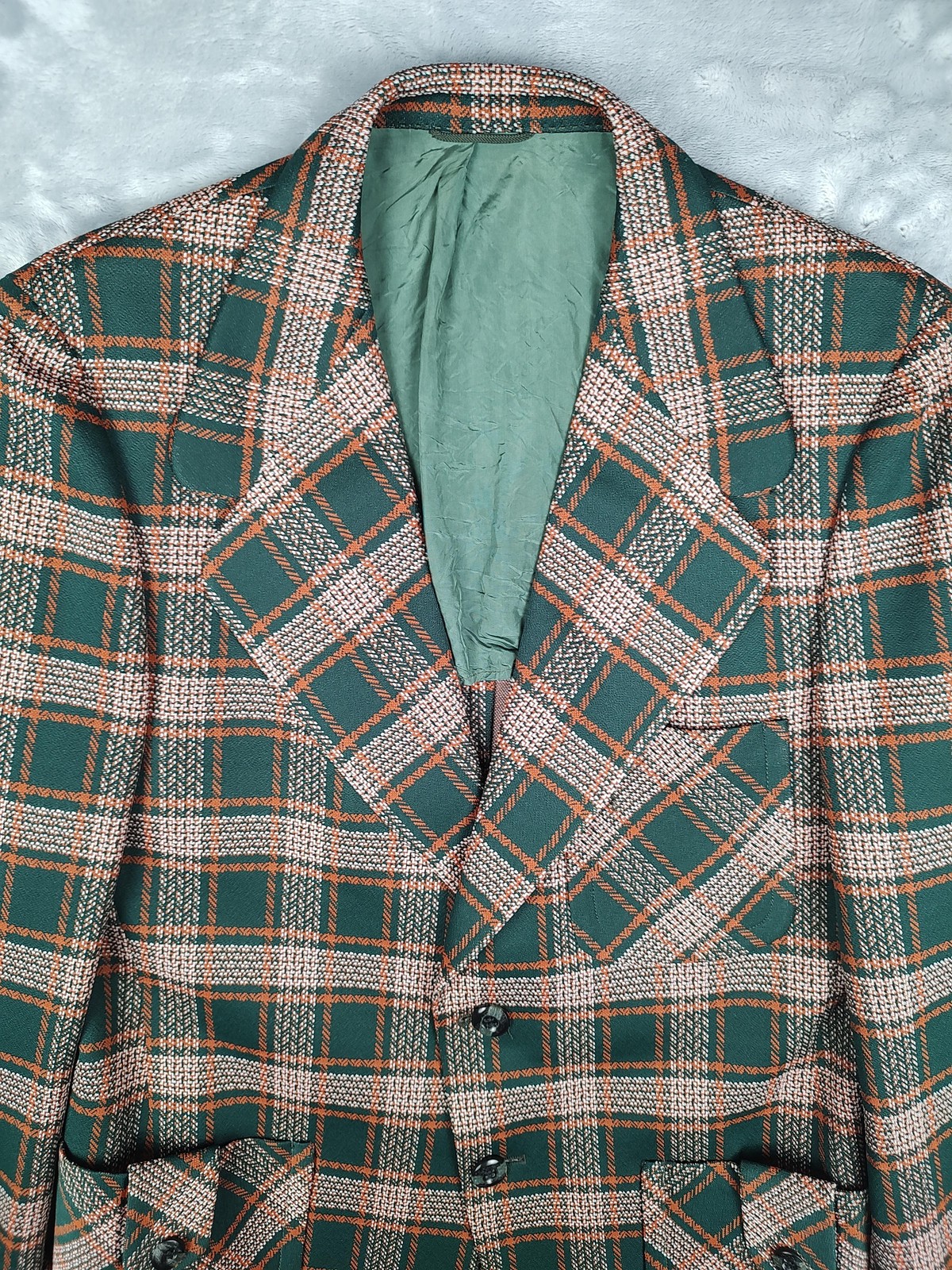 Vintage Ratner Clothes Blazer Mens 40 Green Plaid Polyester Sport Coat Retro 70s