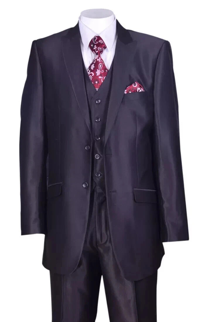 Men’s 2 Button Solid Wool Feel Sharkskin Slim Fit Suits With Vest & Pants 5702V5