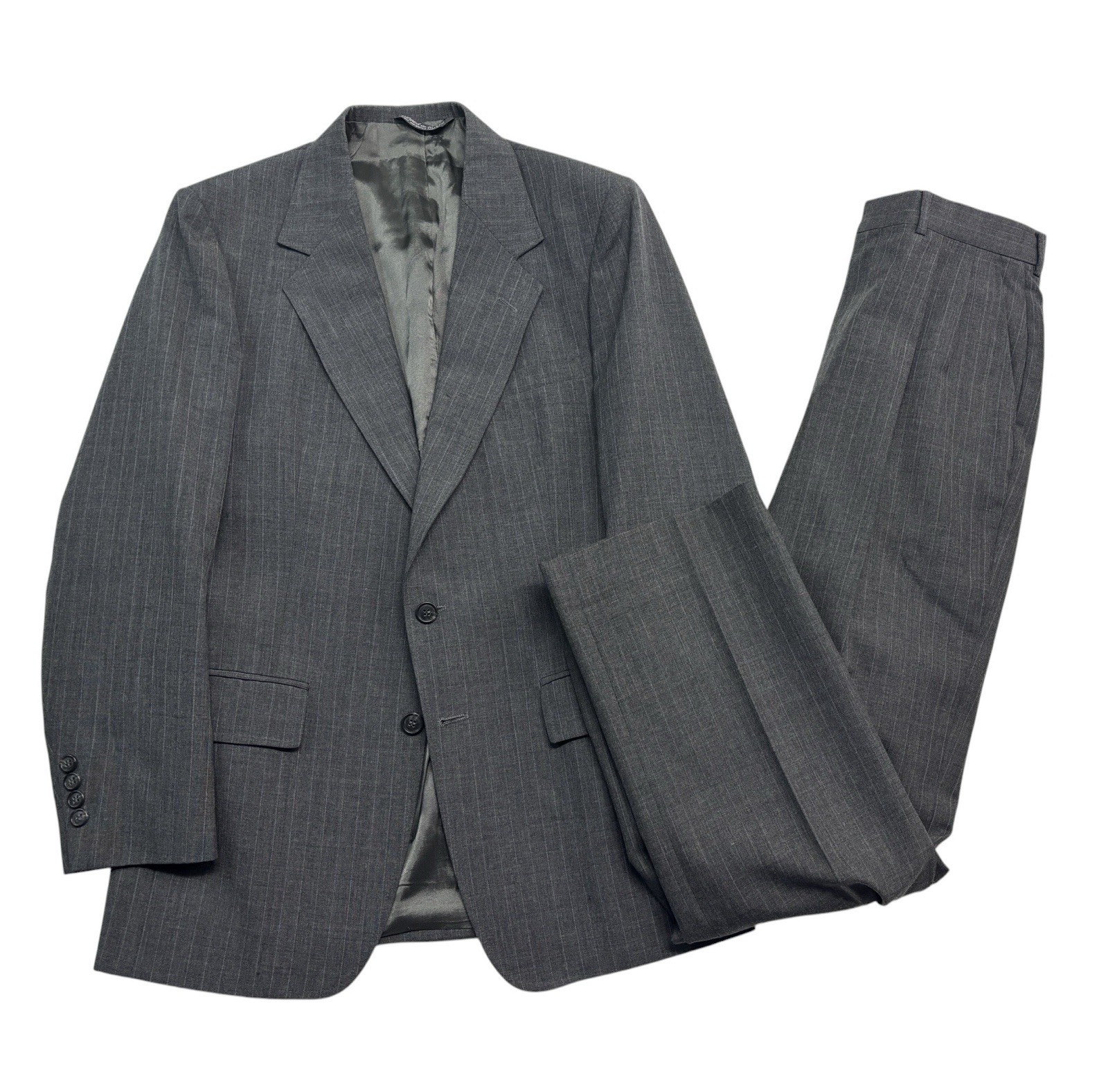 vtg Gray Pinstripe 38R 31×32 Oakton Ltd Wool Blend 2pc Pant Suit USA Flat Front