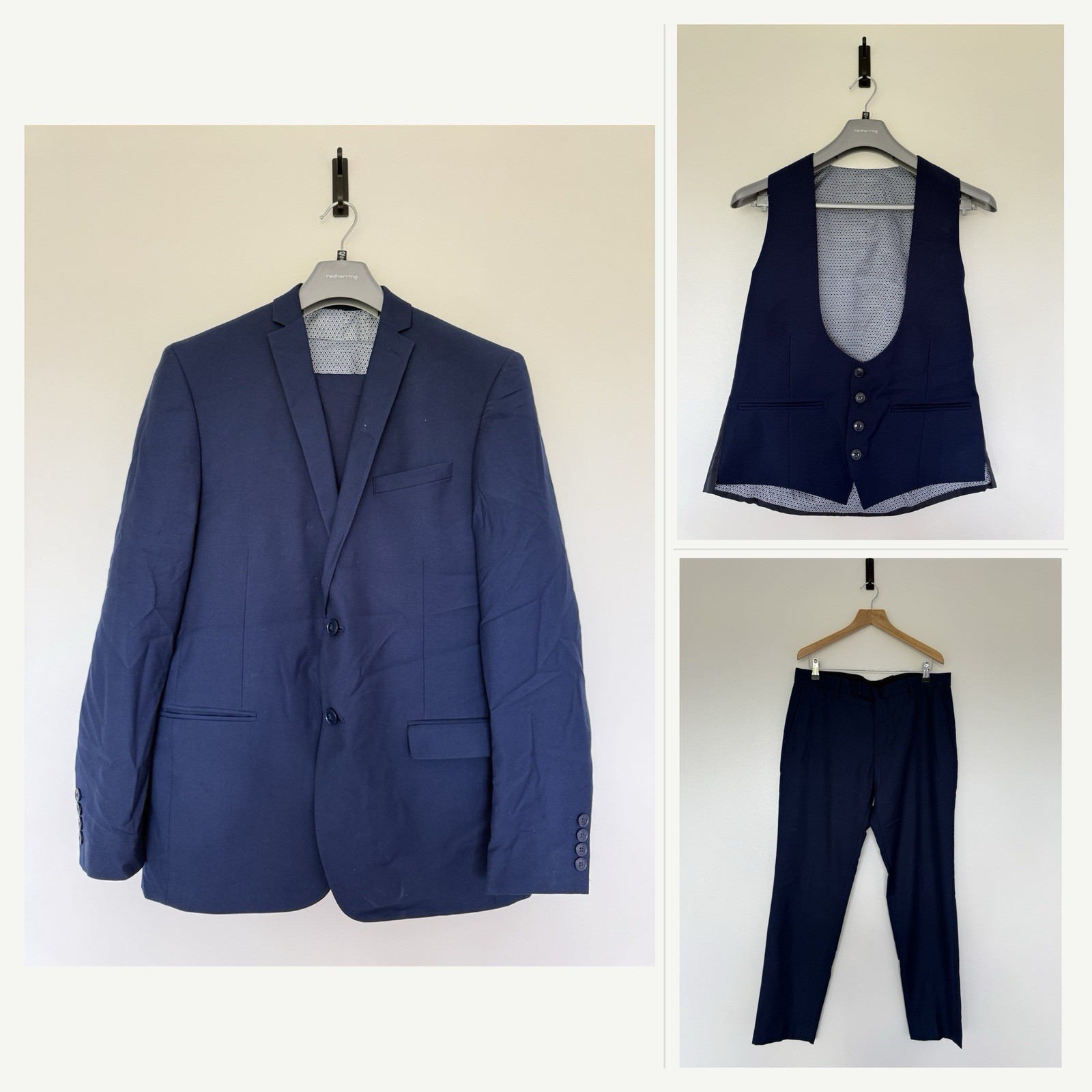 Red Herring Mens 3 Piece Suit Navy Blue 42R 34R Waistcoat Smart Formal Wedding