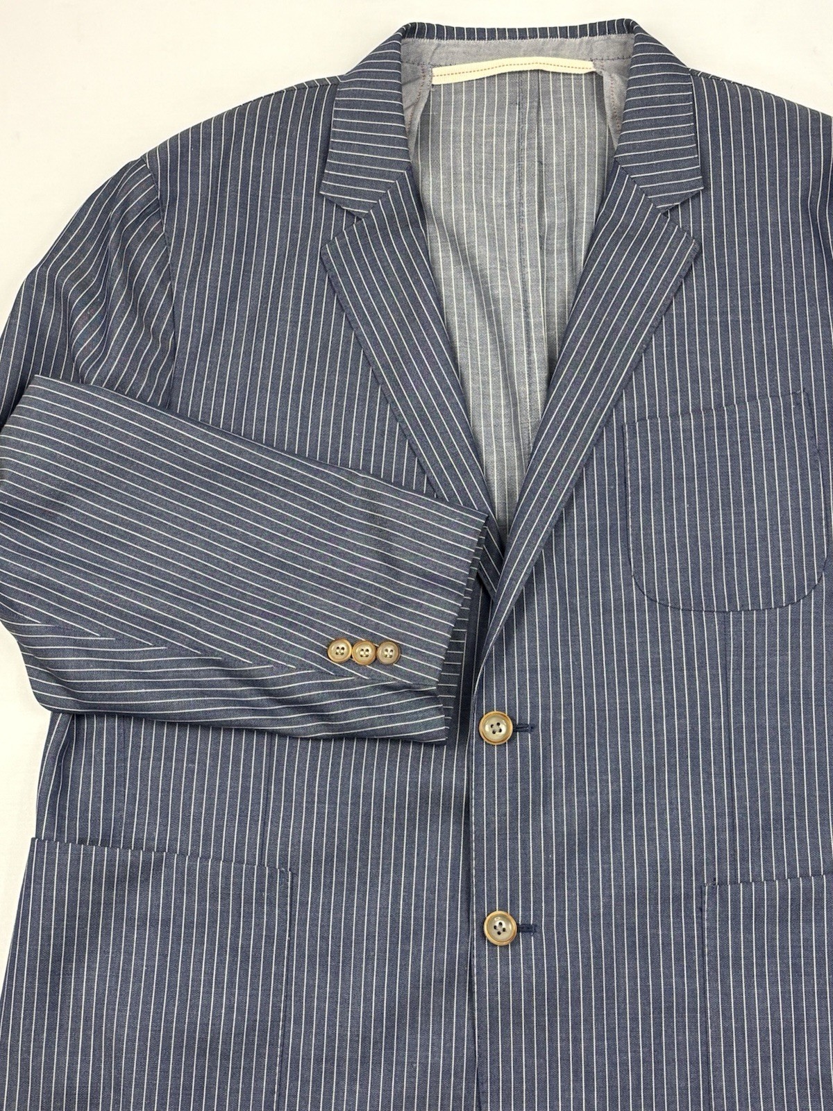 Scott James Wool/Linen Unstructured Blazer Blue/Ivory Stripe Patch Pockets XXXL