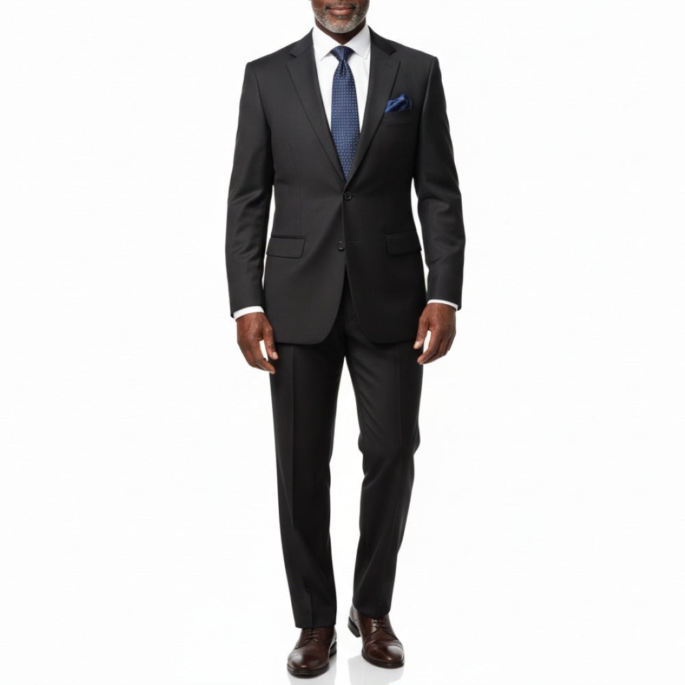 VINCI Men’s Black Solid Color Elastic Waistband Classic Regular Fit Suit