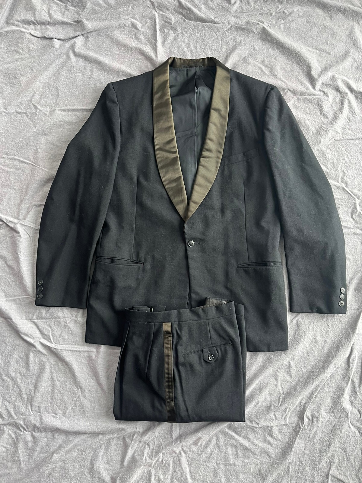 1950s Men’s Black Tuxedo Suit 44R 38×31 Solid Mid-Century Atomic Shawl