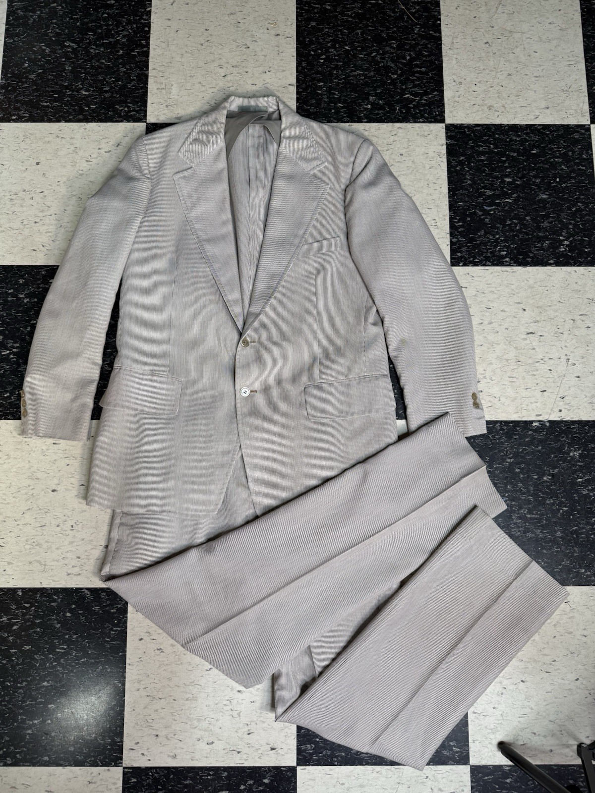 Vtg 80s Haspel Seersucker Suit 2pc Stripe Men 40R 34z31 White Gray Cotton Preppy