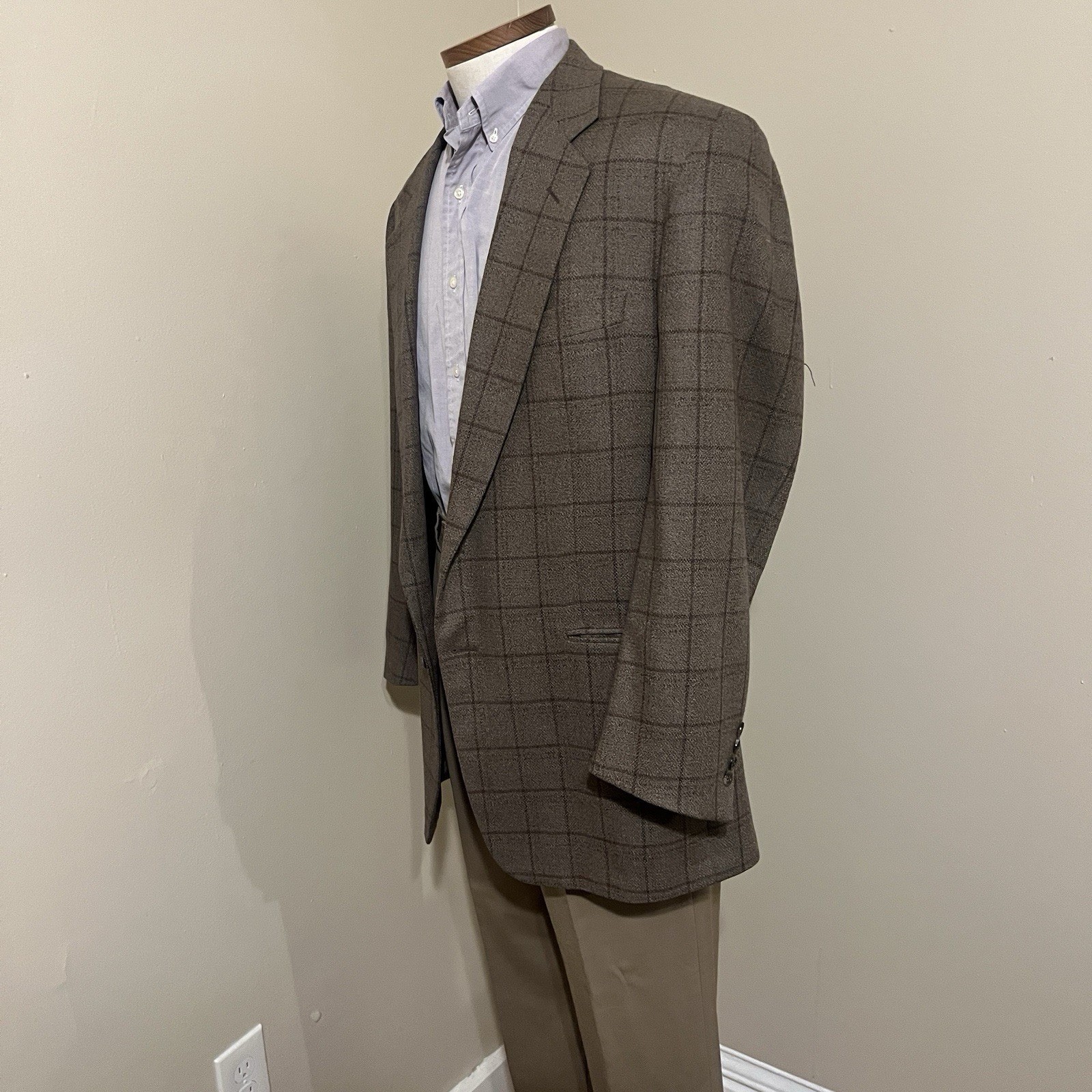Corneliani Wool Cashmere Blazer Brown Tan Windowpane 46L