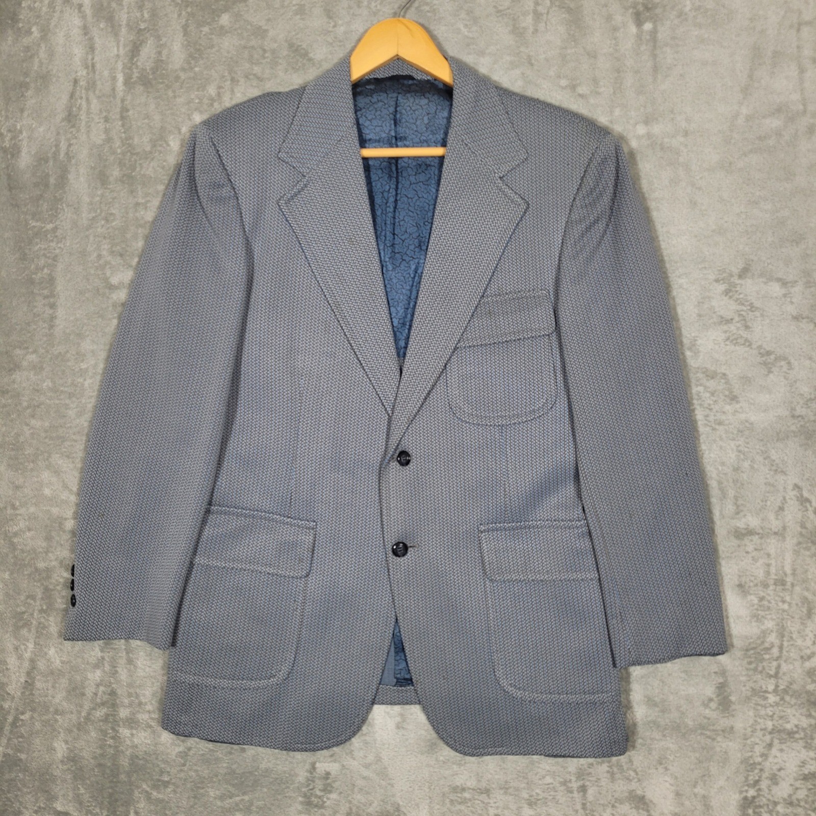 Sears The Traveller Knit Blazer Jacket Men 40R Blue Geometric Pattern Sport Coat