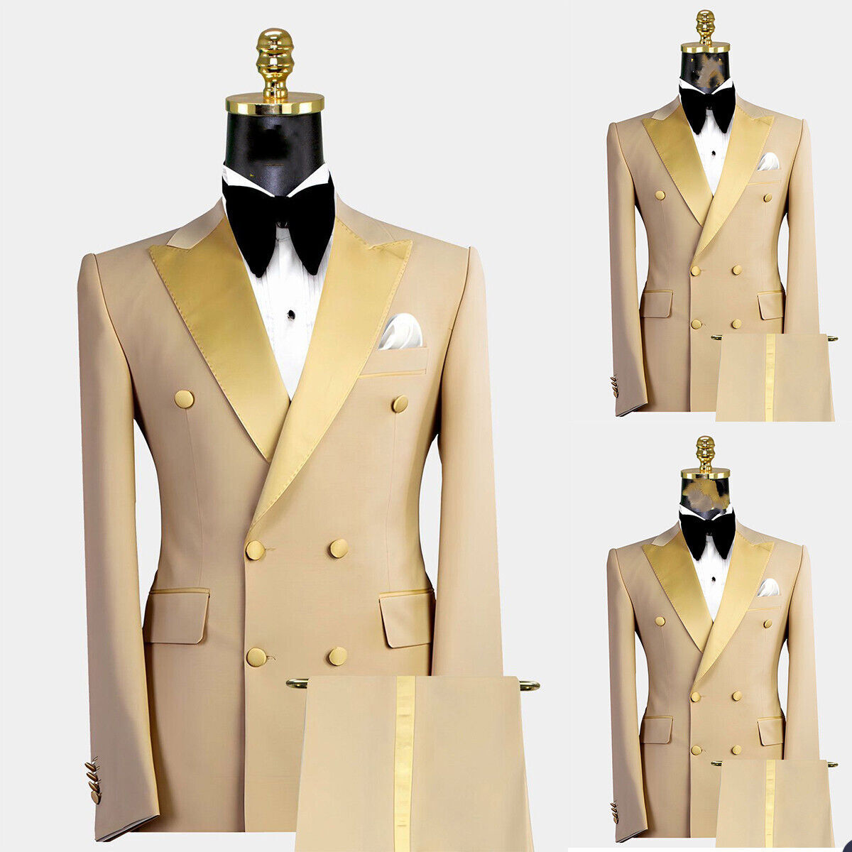 Mens Gold Suits Double Breasted Wide Lapel Wedding Business Formal Tuxedo Custom