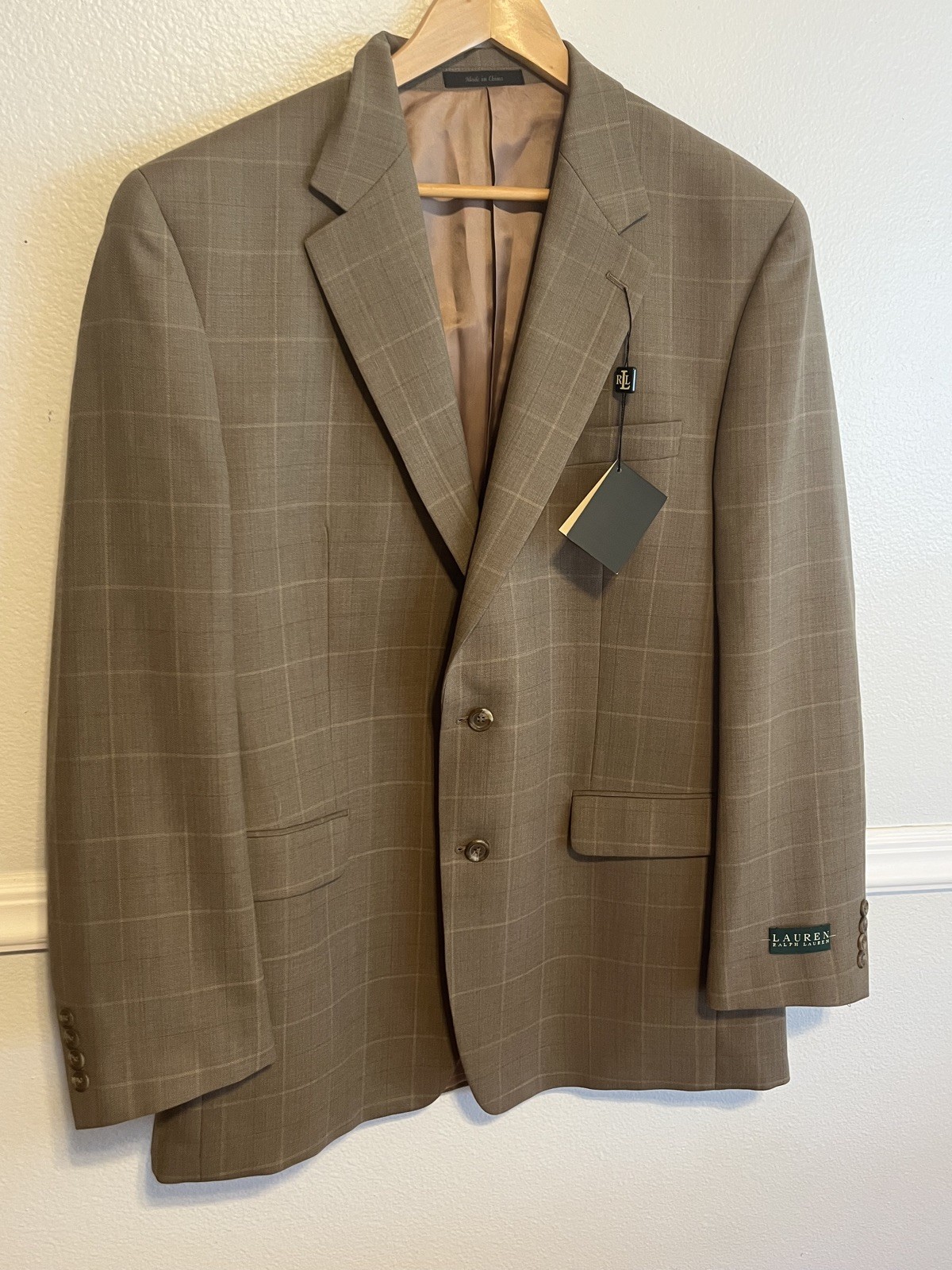 NWT Lauren Ralph Lauren Mens Wool Blazer 44L Windowpane Light Brown Tan Suitcoat