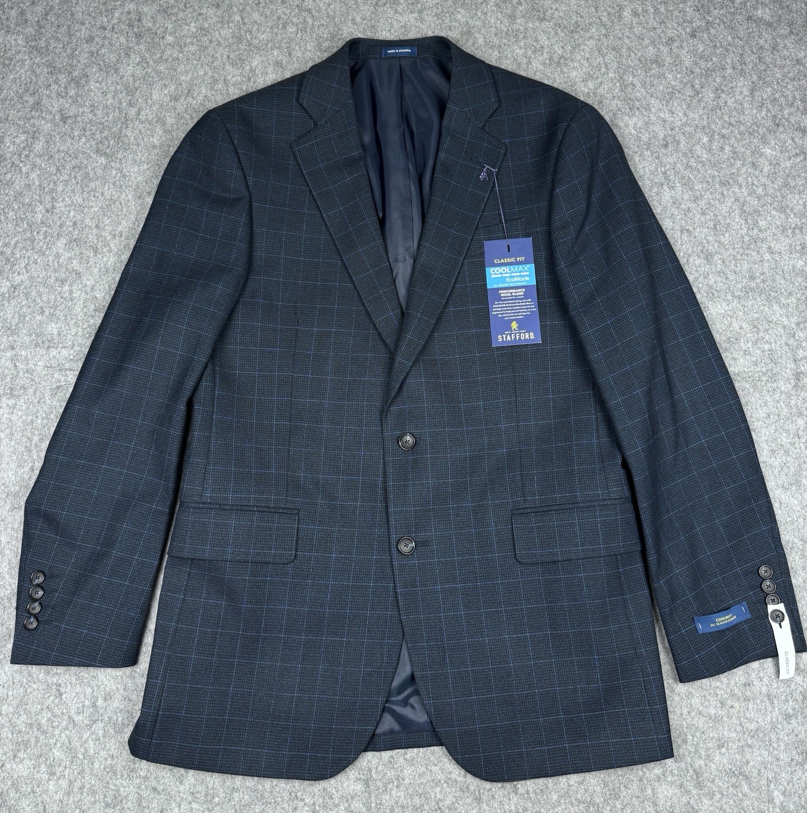 Stafford NWT Blazer Navy Blue Check Mens 40R Wool Blend Stretch $220 MSRP