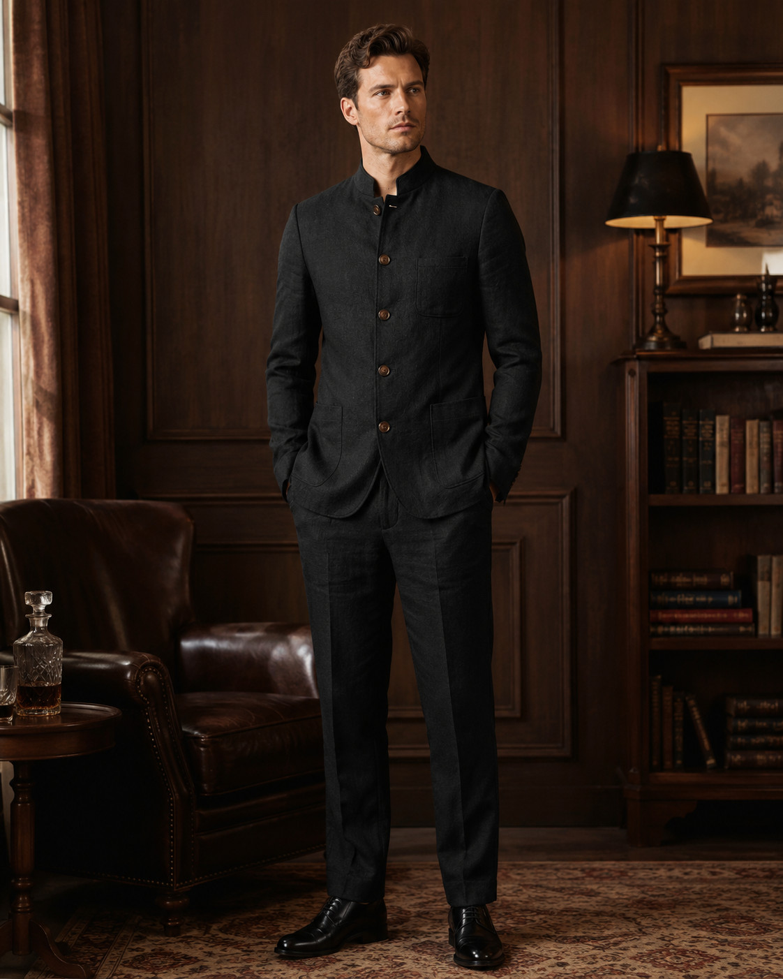 Men Black Linen 2 Piece Mandarin Collar Suit Jacket Pants Smart Casual Wear