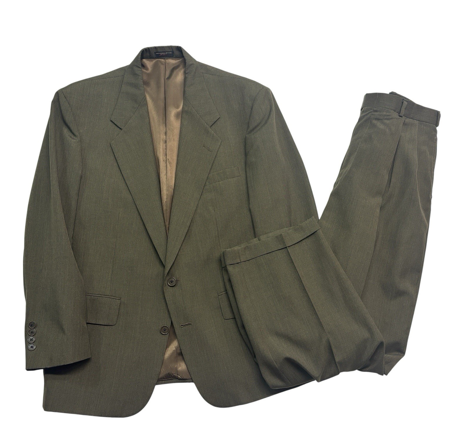 vtg 90s Olive Green Gingham 44R 34×32 2pc Pant Suit Pleated High Waisted USA