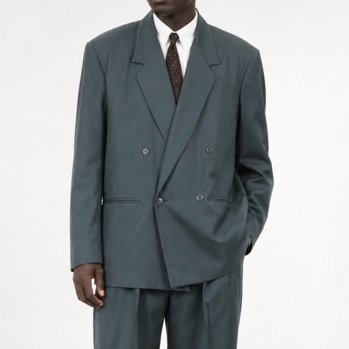 90s Vintage Double Breasted Suit Men 42R Cotton Sateen Teal Green Pleated Pants