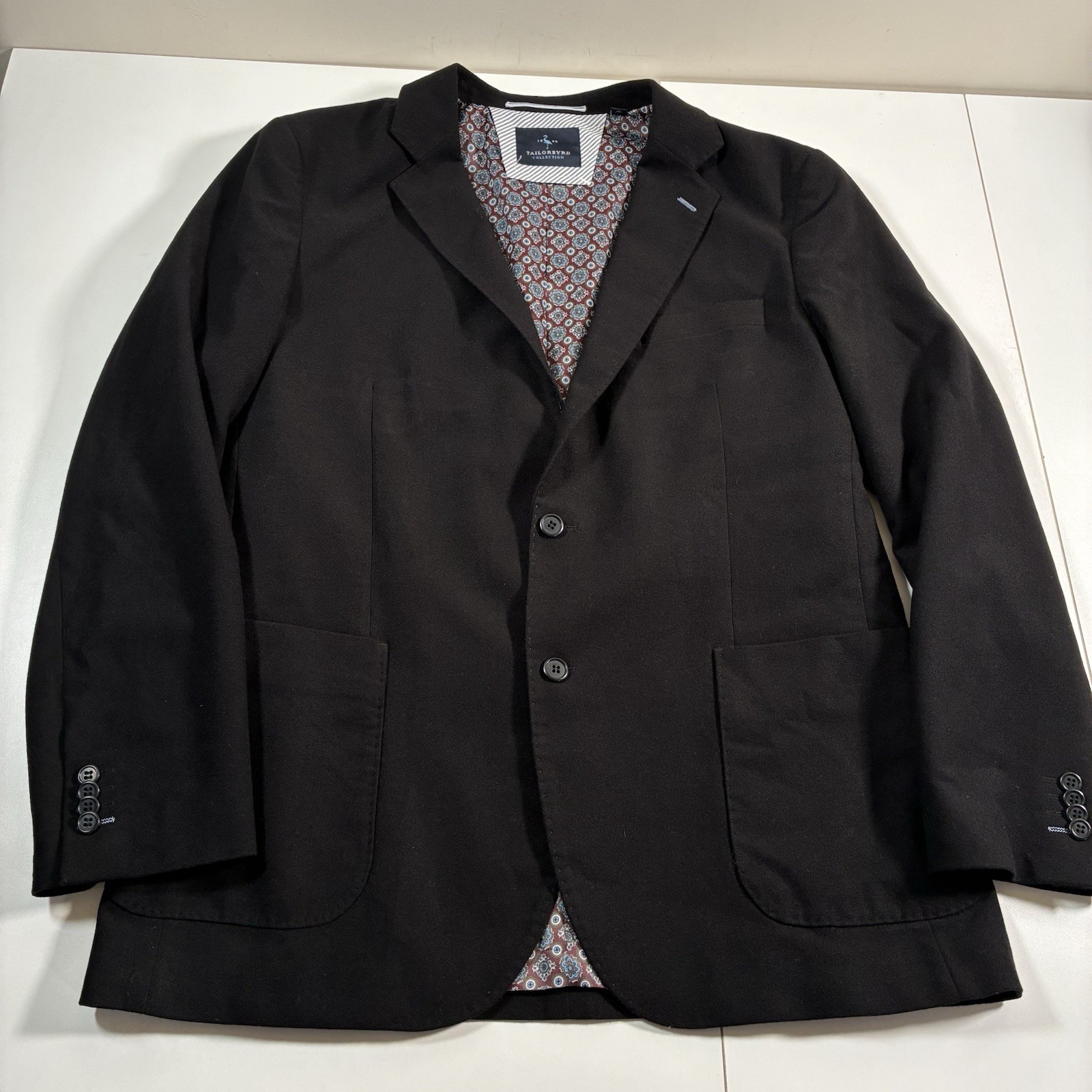 NEW Tailorbyrd Blazer 44L Black Stretch Sport Coat Rayon Spandex Paisley Lined