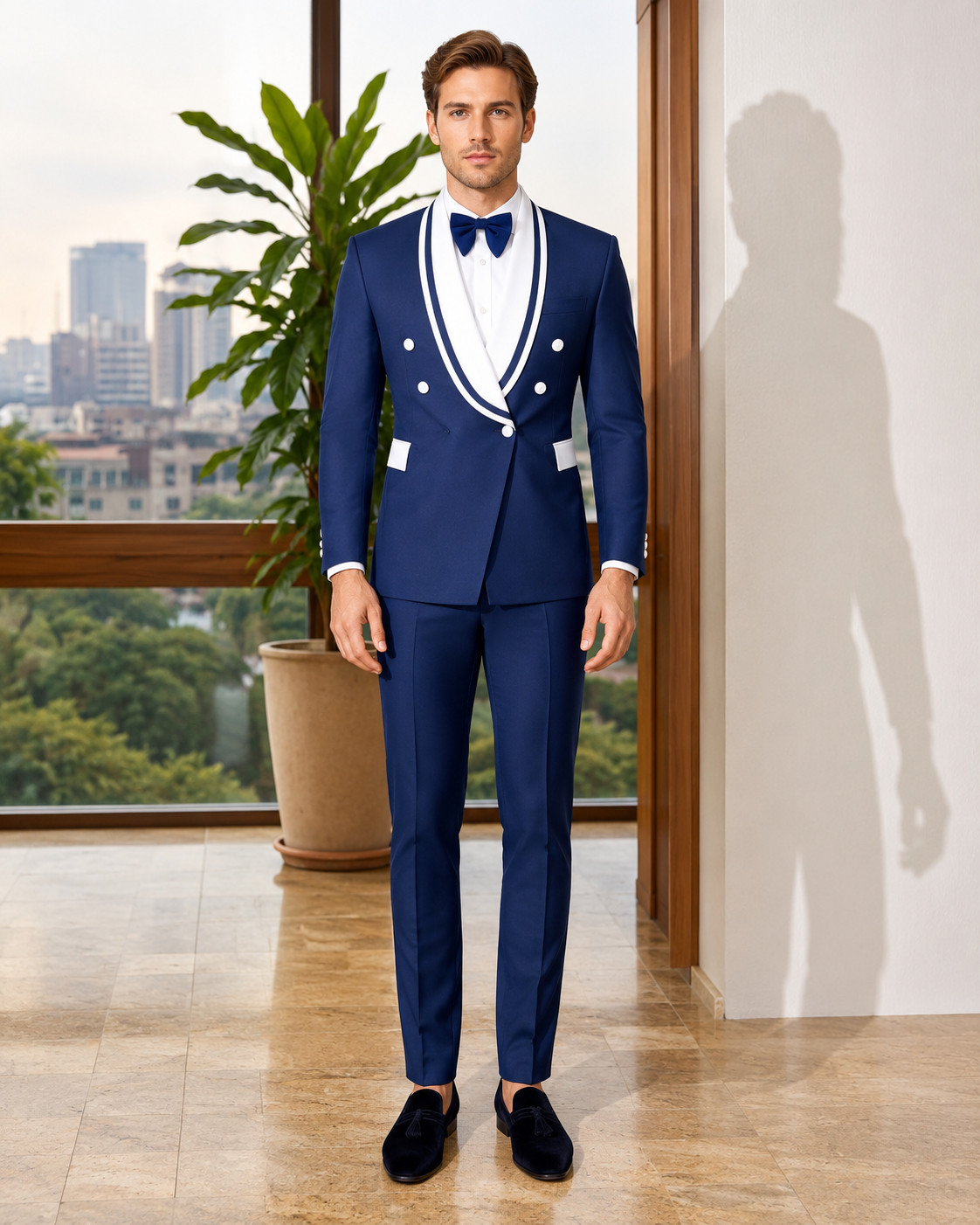 Men Royal Blue White Shawl Lapel 2 Piece Suit Blazer Pants Prom Tuxedo