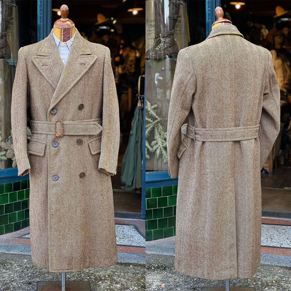 Herringbone Overcoat Khaki Men Suit Double Breasted With Belt Formal Long Jacket