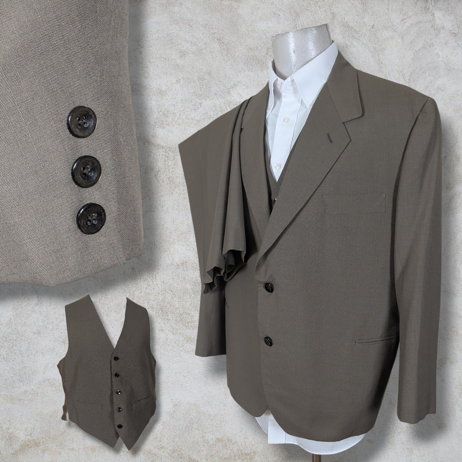 Bespoke Linen Wool 3 Piece Suit Mens 46S Pants 38×28 Solid Olive Green