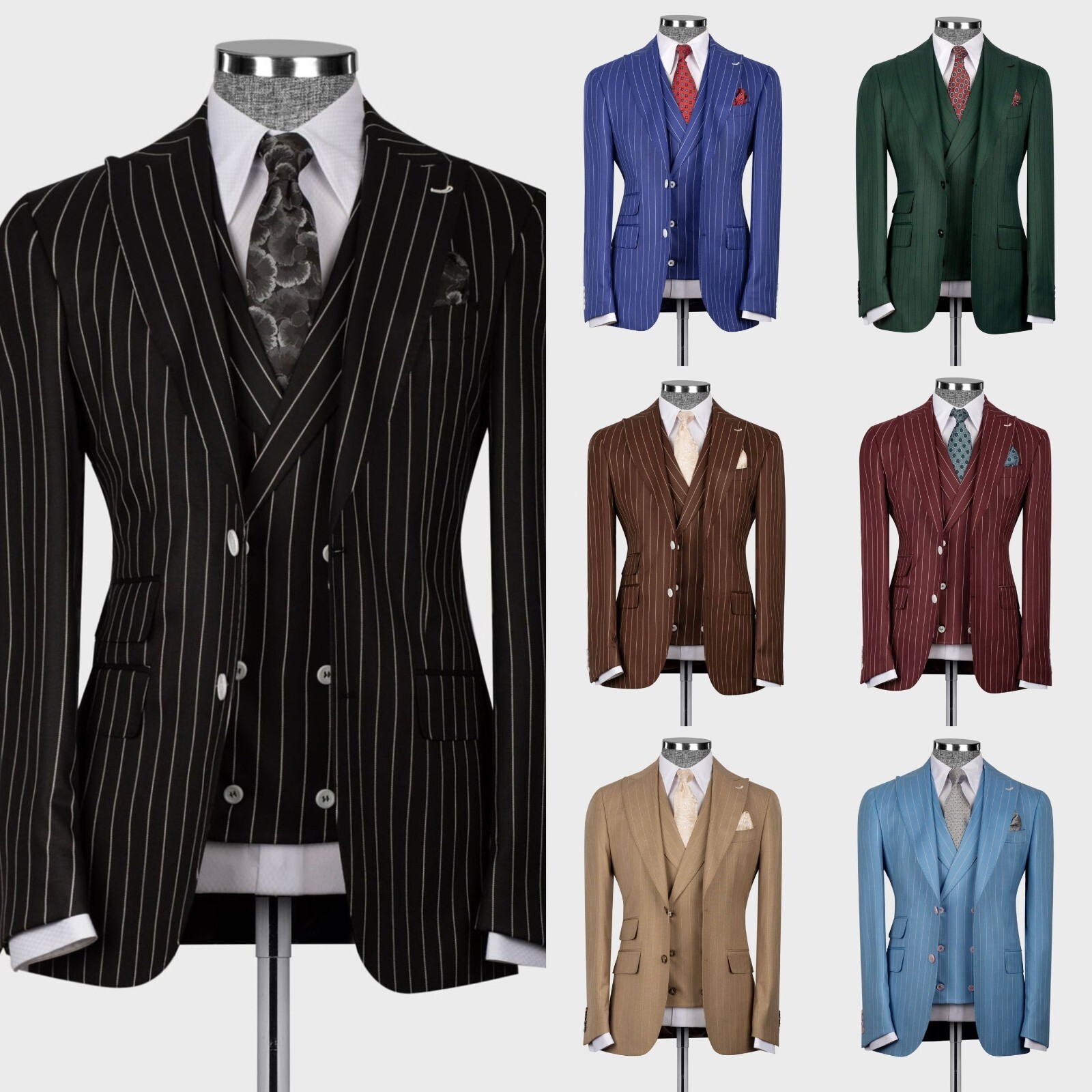 Multi Color Pinstripe 3Pc Double Breasted Men Suit Custom Wedding Tuxedo